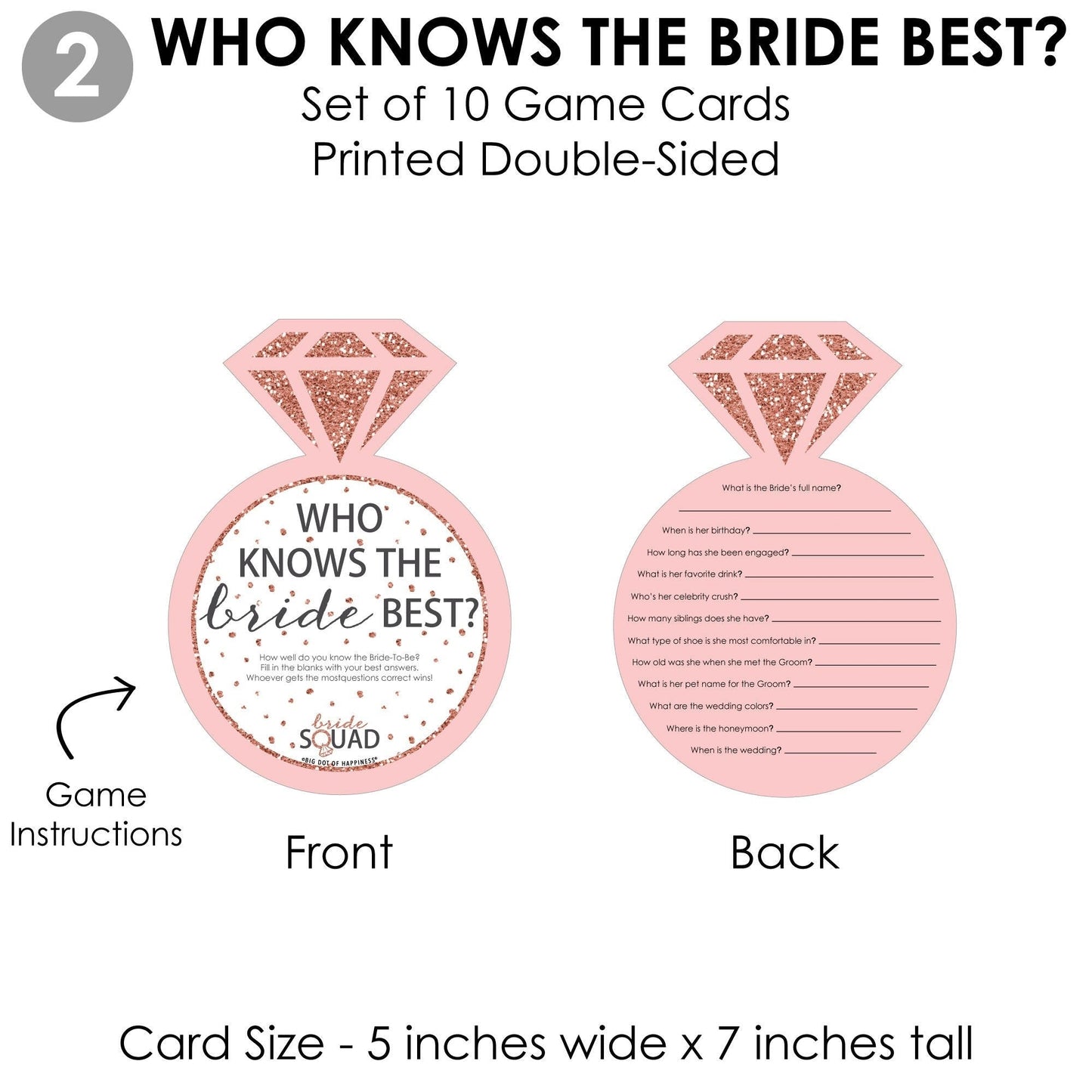 Bride Squad - 4 Rose Gold Bridal Shower or Bachelorette Party Games - 10 Cards Each - Who Knows The Bride Best, Bride or Groom Quiz, What's in Your Purse and Love - Gamerific Bundle