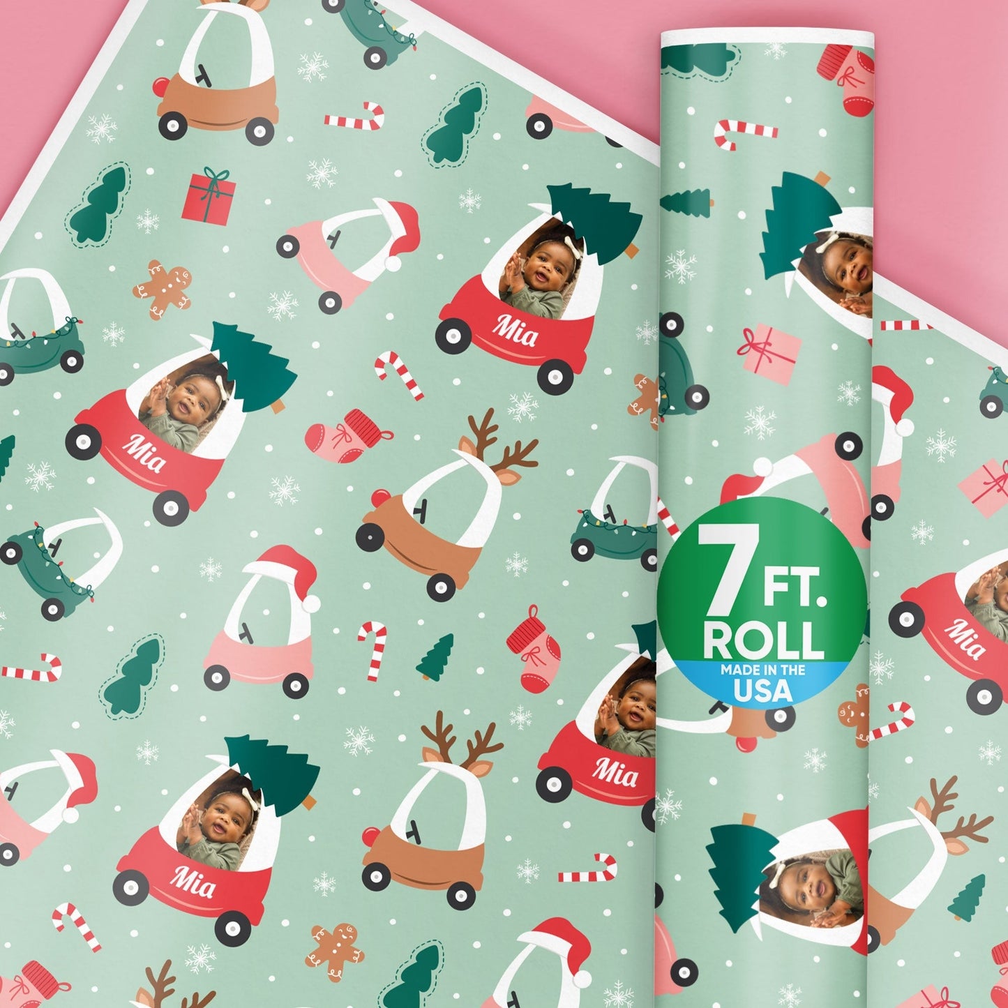 Custom Photo and Text Wrapping Paper - Kids Christmas Tree Car