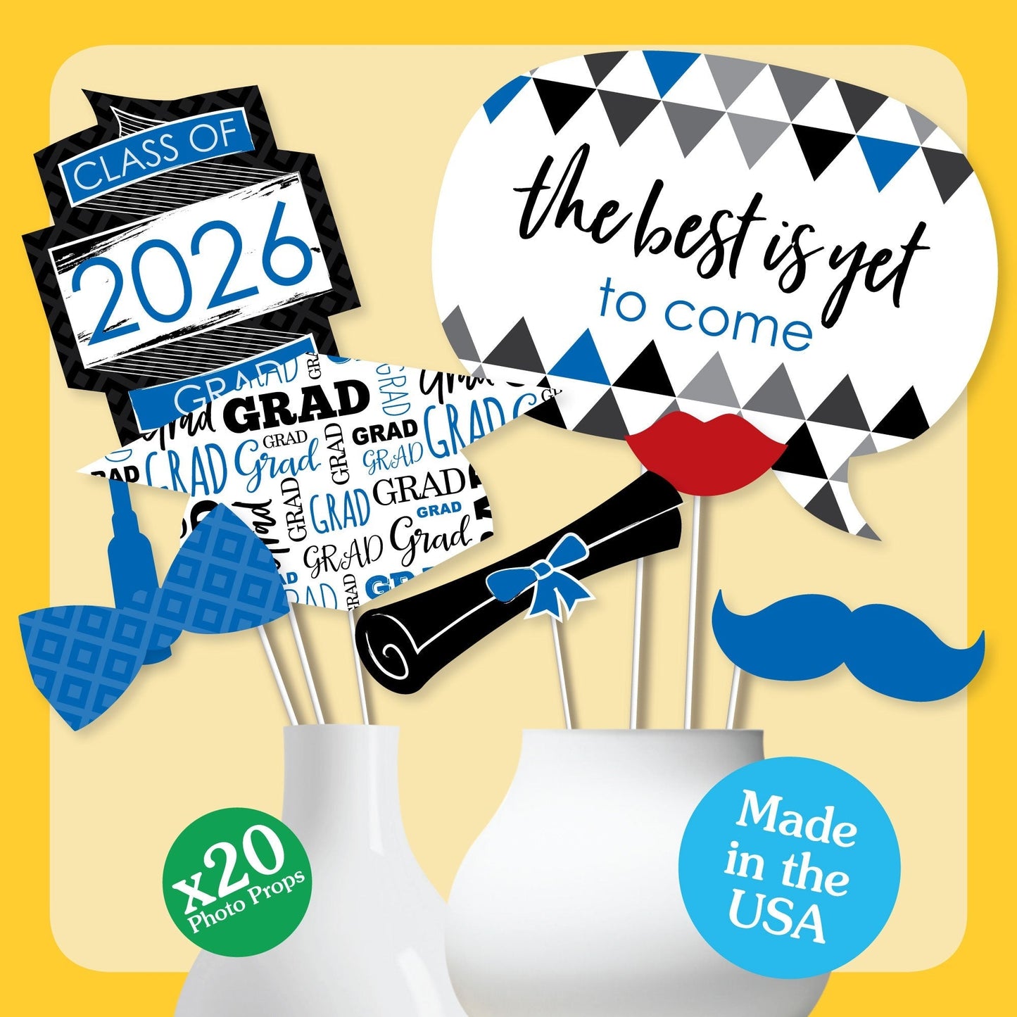 Blue Grad - 2026 Graduation Party Photo Booth Props Kit - 20 Count