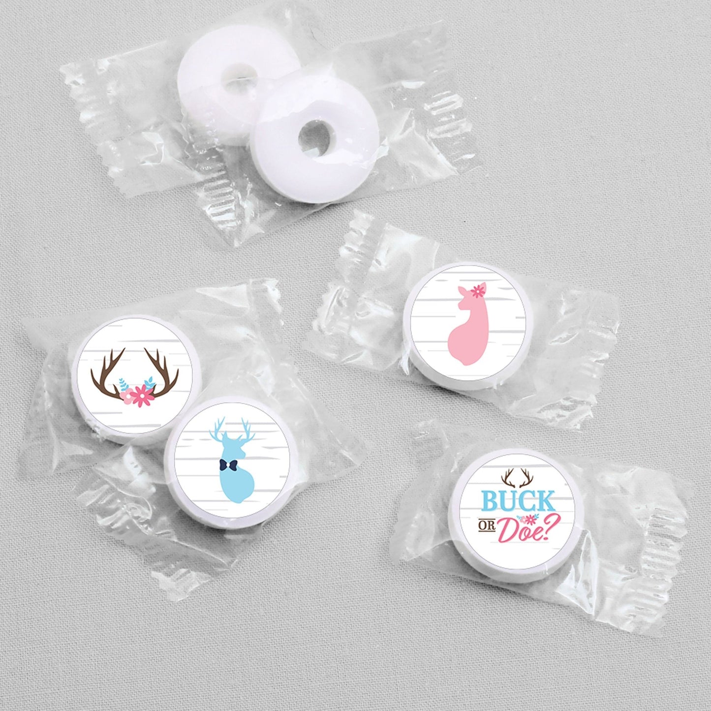 Buck or Doe - Hunting Gender Reveal Party Round Candy Sticker Favors - Labels Fit Chocolate Candy (1 sheet of 108)