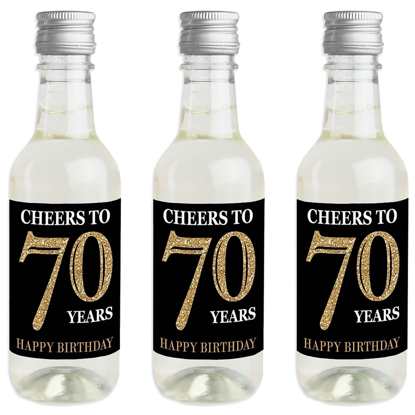 Adult 70th Birthday - Gold - Mini Wine and Champagne Bottle Label Stickers - Birthday Party Favor Gift - For Women and Men - Set of 16