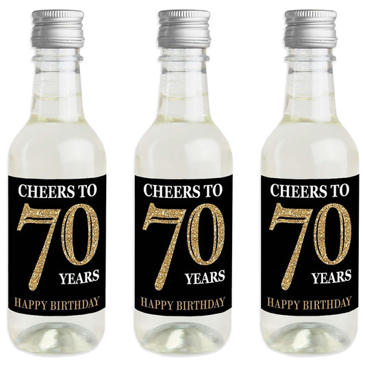 Adult 70th Birthday - Gold - Mini Wine and Champagne Bottle Label Stickers - Birthday Party Favor Gift - For Women and Men - Set of 16