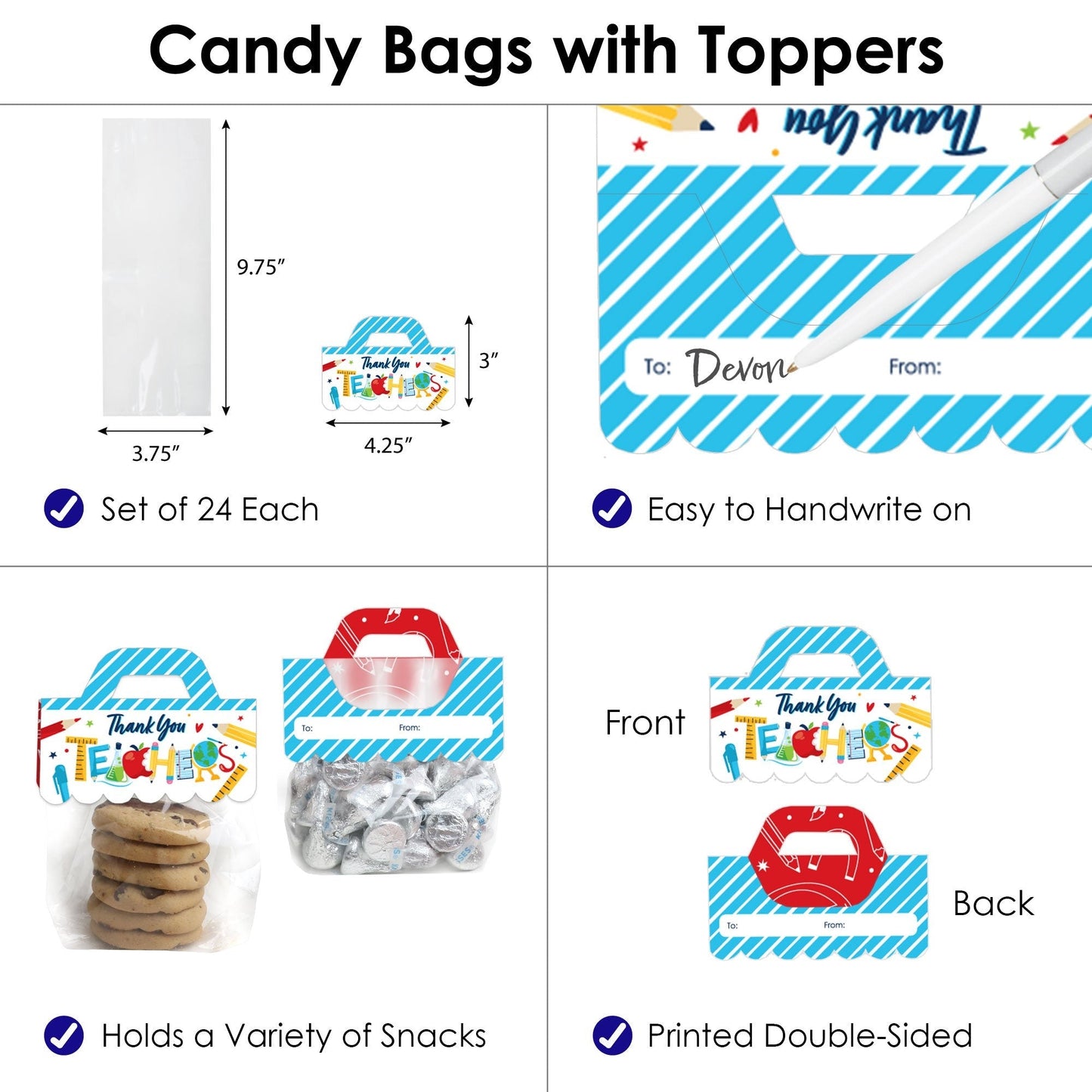 Thank You Teachers - DIY Teacher Appreciation Clear Goodie Favor Bag Labels - Candy Bags with Toppers - Set of 24