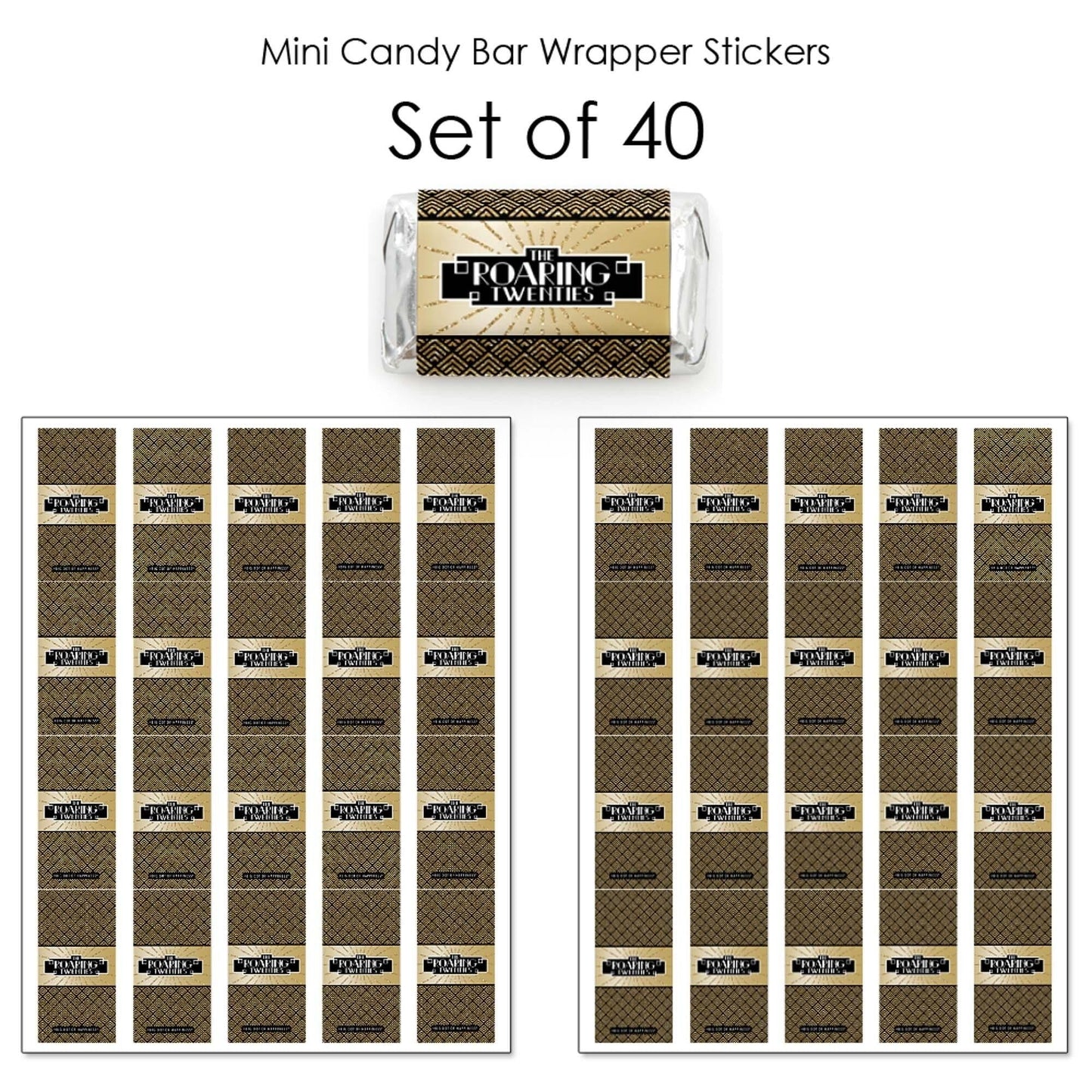 Roaring 20's - Mini Candy Bar Wrapper Stickers - 1920s Art Deco Jazz Party Small Favors - 40 Count