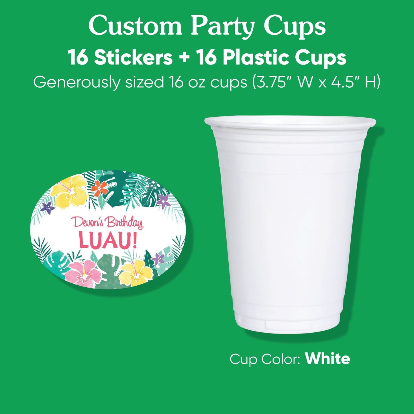 Custom Text Party Cups - Hawaiian Luau - 16 Ct