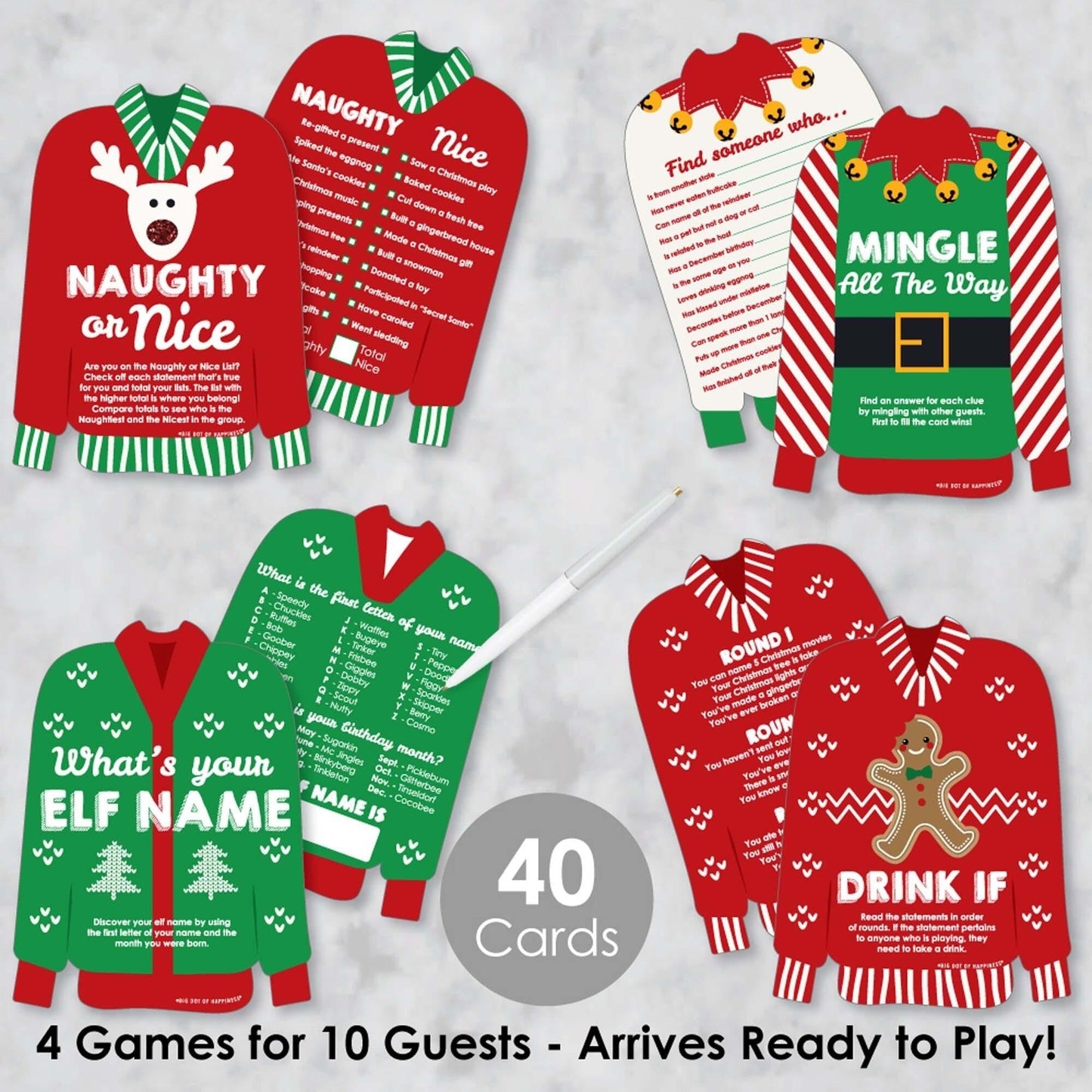 Ugly Sweater - 4 Holiday and Christmas Party Games - 10 Cards Each - Naughty or Nice, Drink If, Mingle All the Way, What's Your Elf Name - Gamerific Bundle