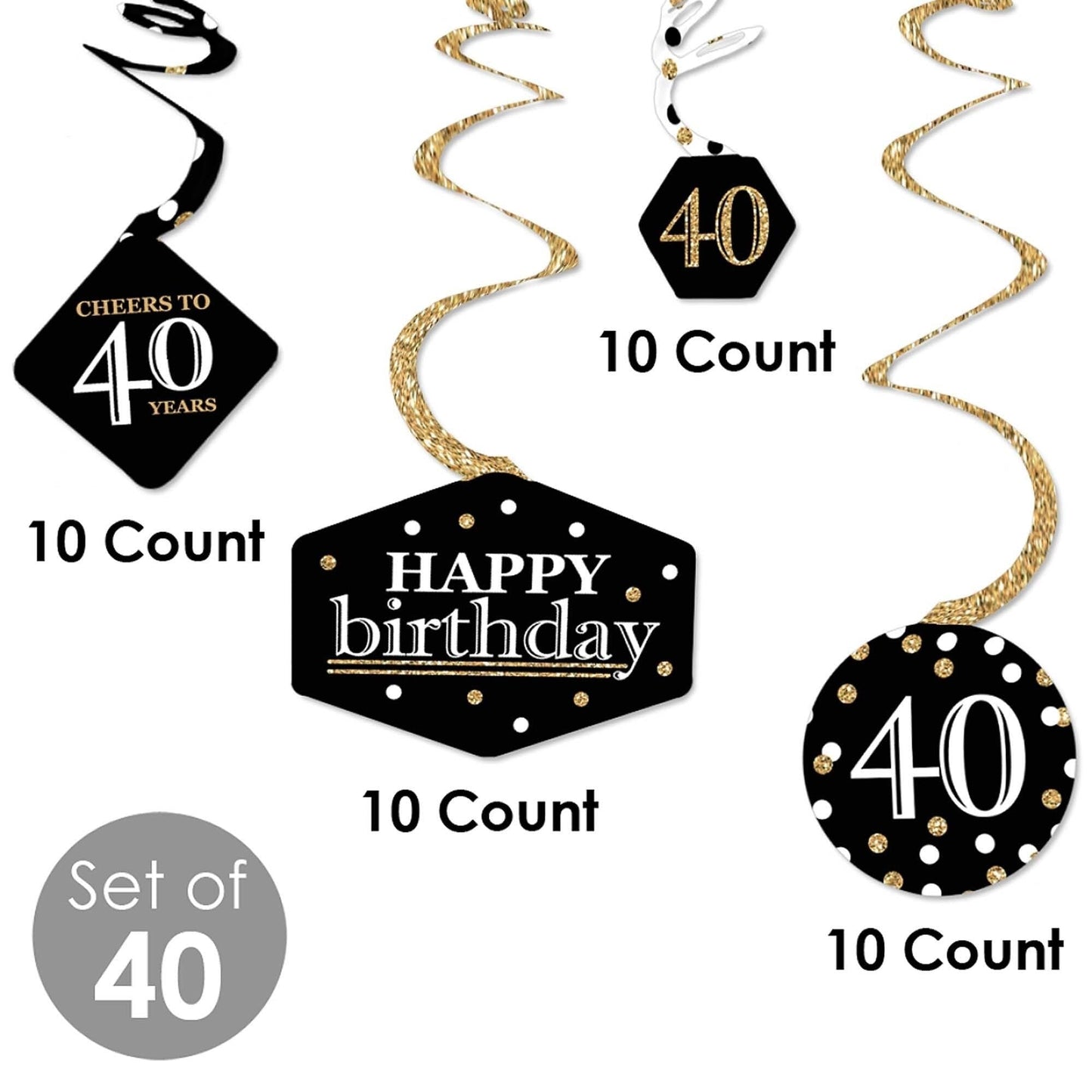 Adult 40th Birthday - Gold - Birthday Party Hanging Decor - Party Decoration Swirls - Set of 40