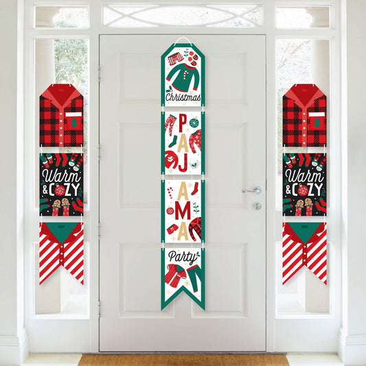 Christmas Pajamas - Hanging Vertical Paper Door Banners - Holiday Plaid PJ Party Wall Decoration Kit - Indoor Door Decor