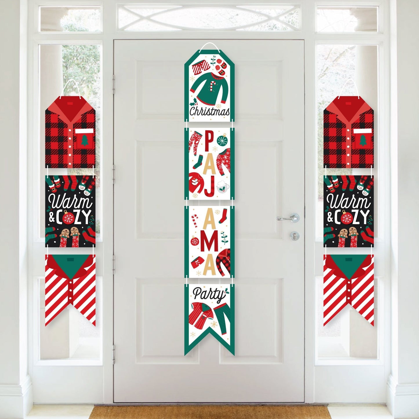 Christmas Pajamas - Hanging Vertical Paper Door Banners - Holiday Plaid PJ Party Wall Decoration Kit - Indoor Door Decor