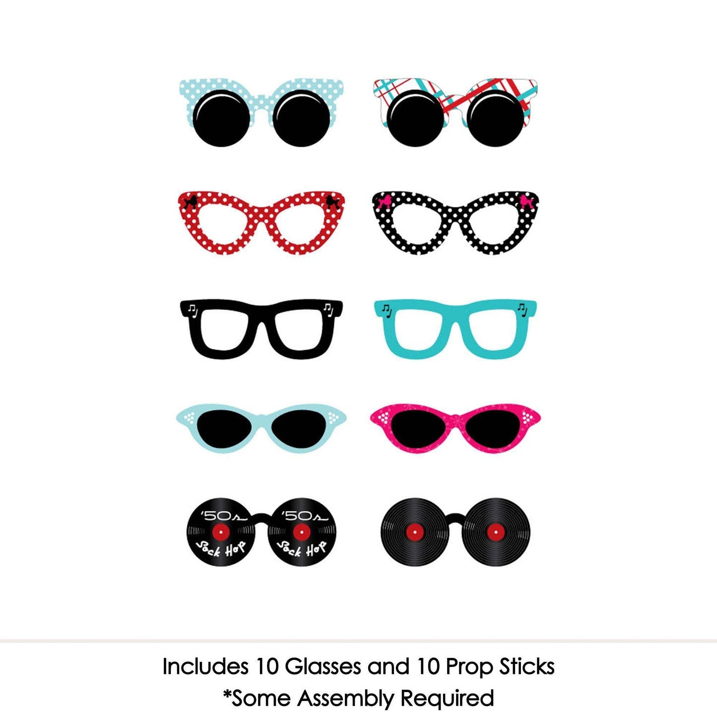 50's Sock Hop Glasses - Paper Card Stock 1950s Rock N Roll Party Photo Booth Props Kit - 10 Count