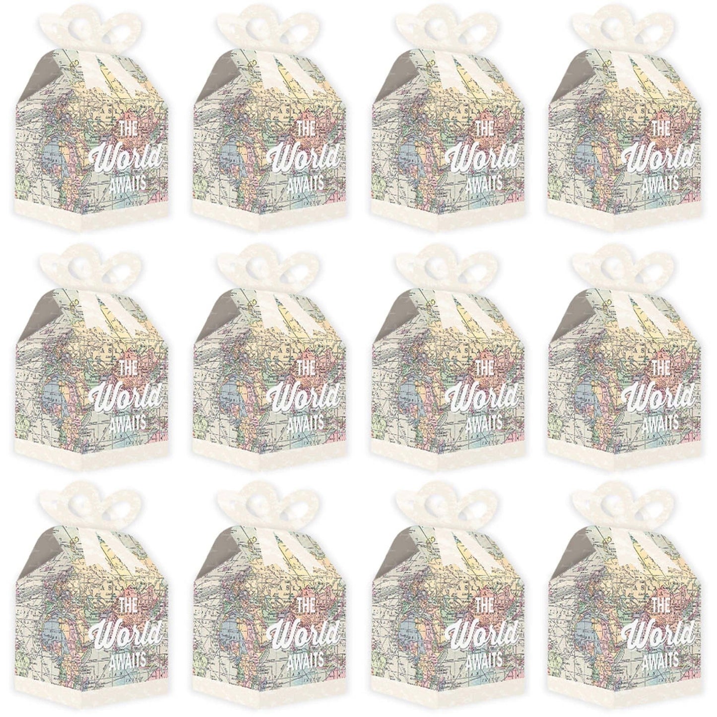 World Awaits - Square Favor Gift Boxes - Travel Themed Party Bow Boxes - Set of 12
