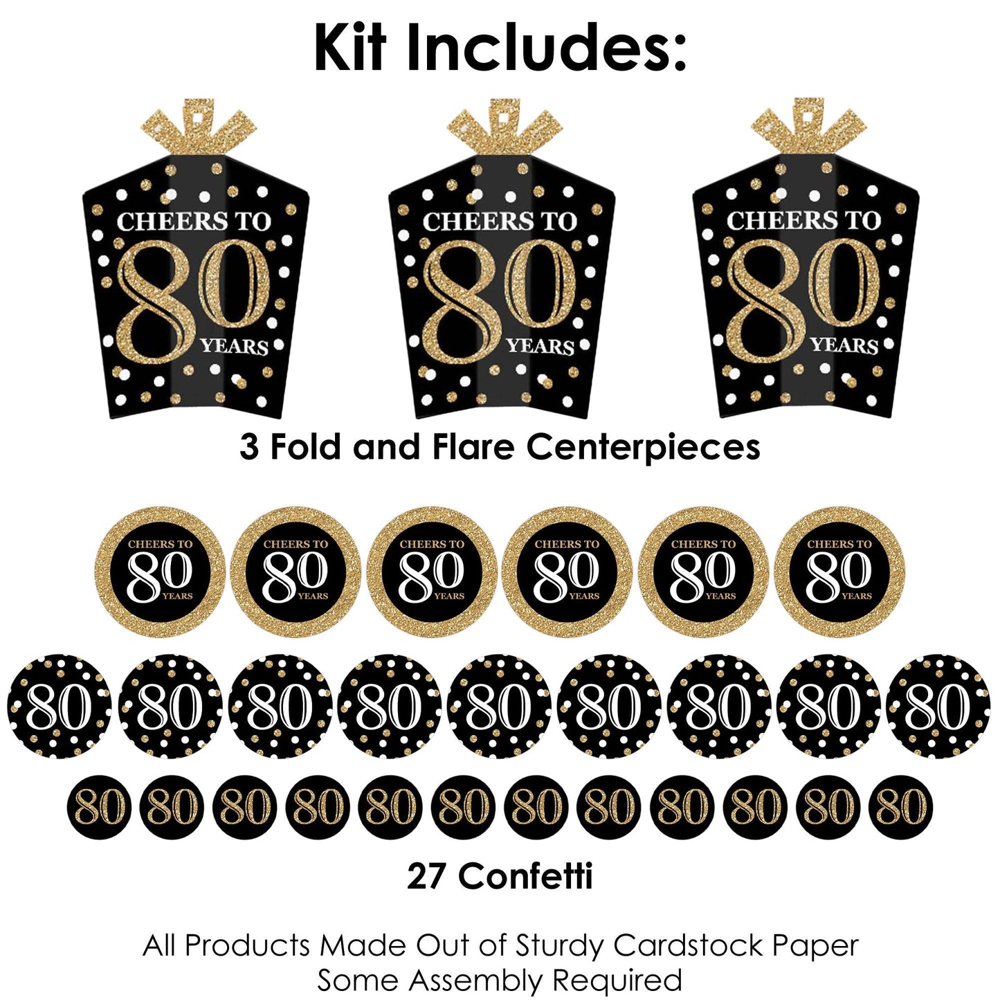 Adult 80th Birthday - Gold - Birthday Party Decor and Confetti - Terrific Table Centerpiece Kit - Set of 30