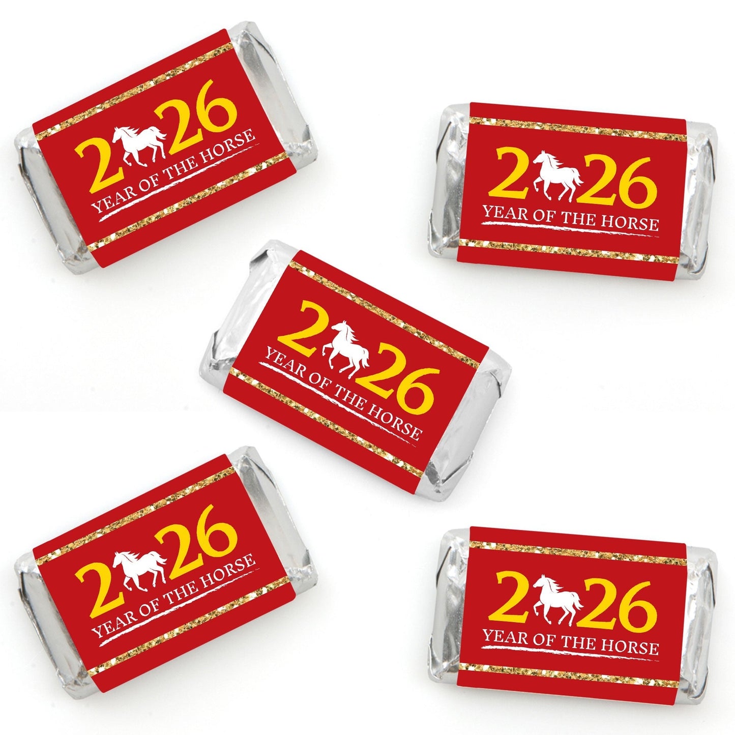 Chinese New Year - Mini Candy Bar Wrapper Stickers - 2026 Year of the Horse Small Favors - 40 Count