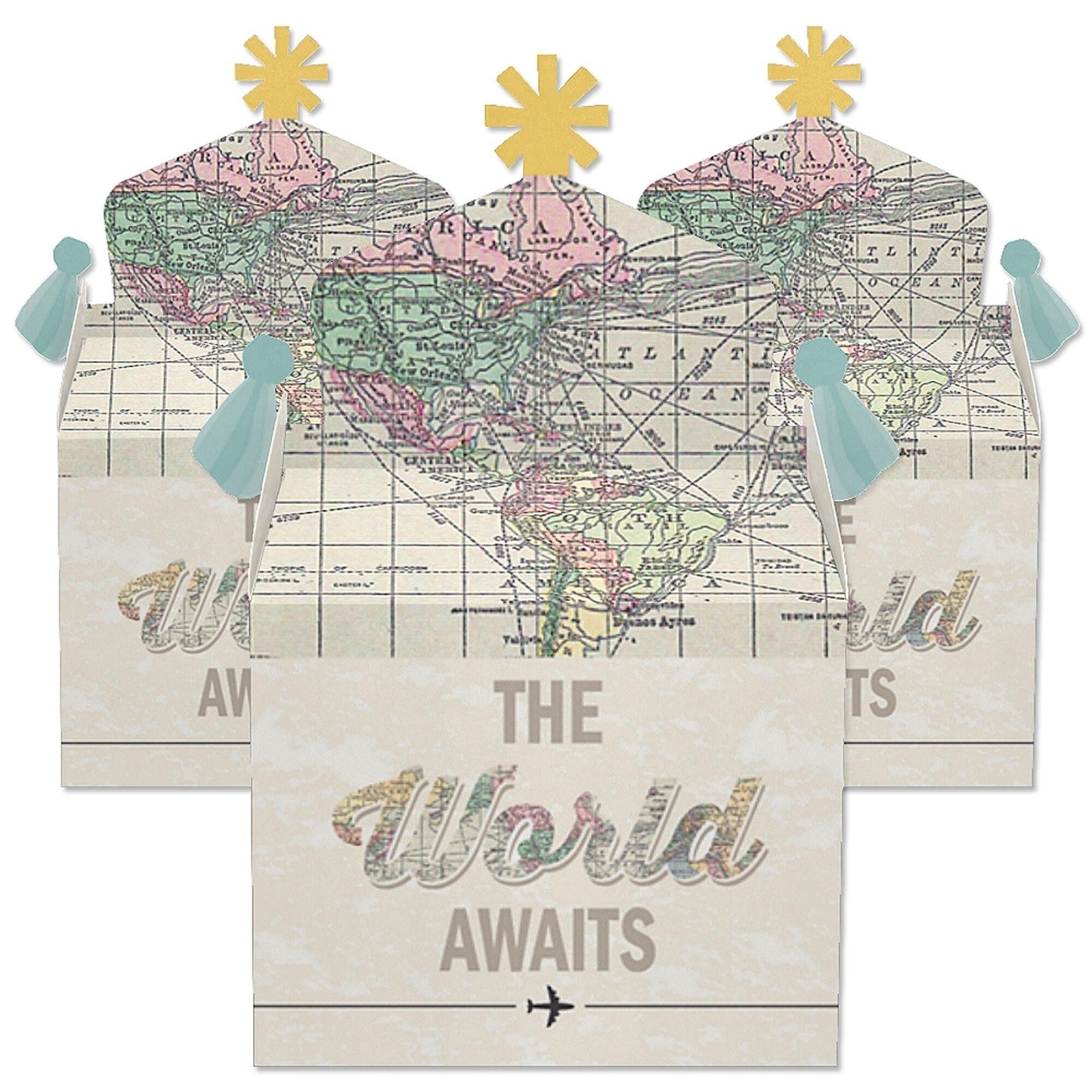 World Awaits - Treat Box Party Favors - Travel Themed Party Goodie Gable Boxes - Set of 12