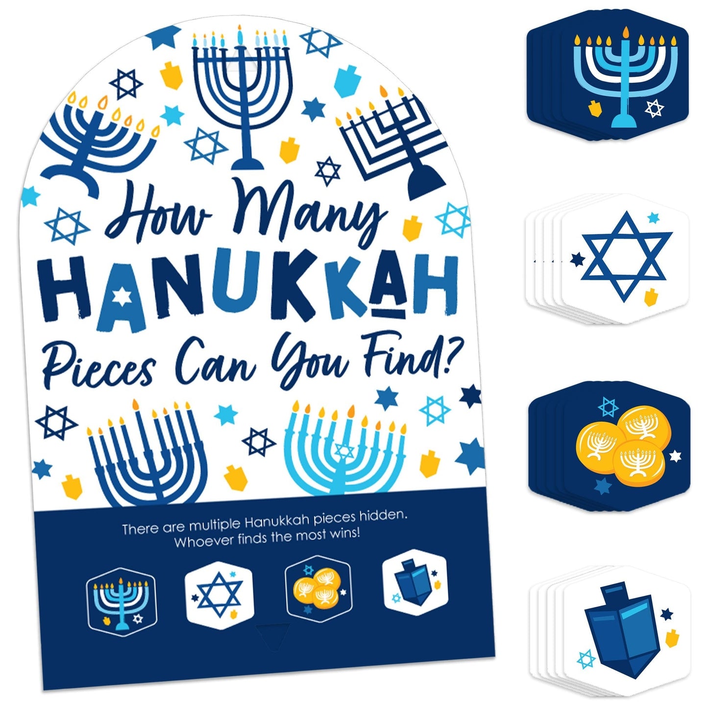 Hanukkah Menorah - Chanukah Holiday Party Scavenger Hunt - 1 Stand and 48 Game Pieces - Hide and Find Game