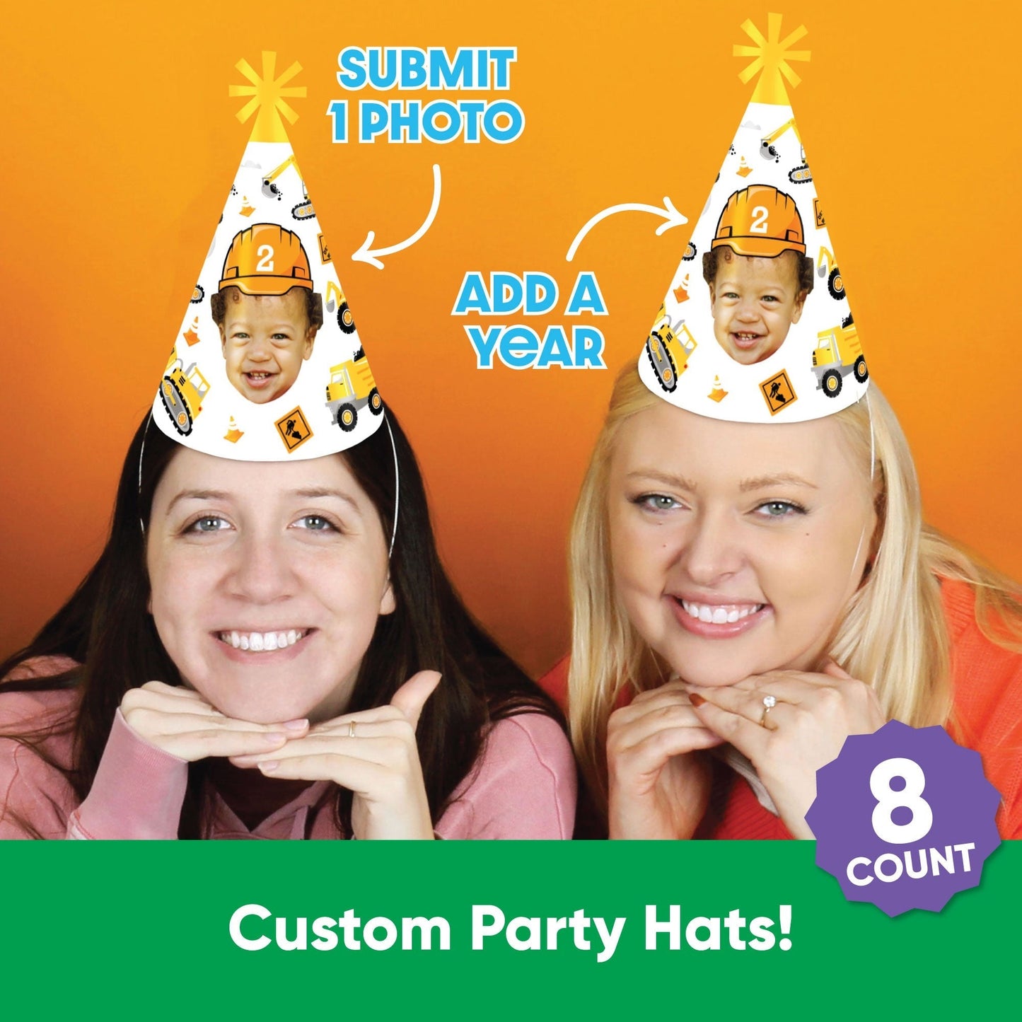 Custom Construction Birthday Cone Hat - 8 Ct