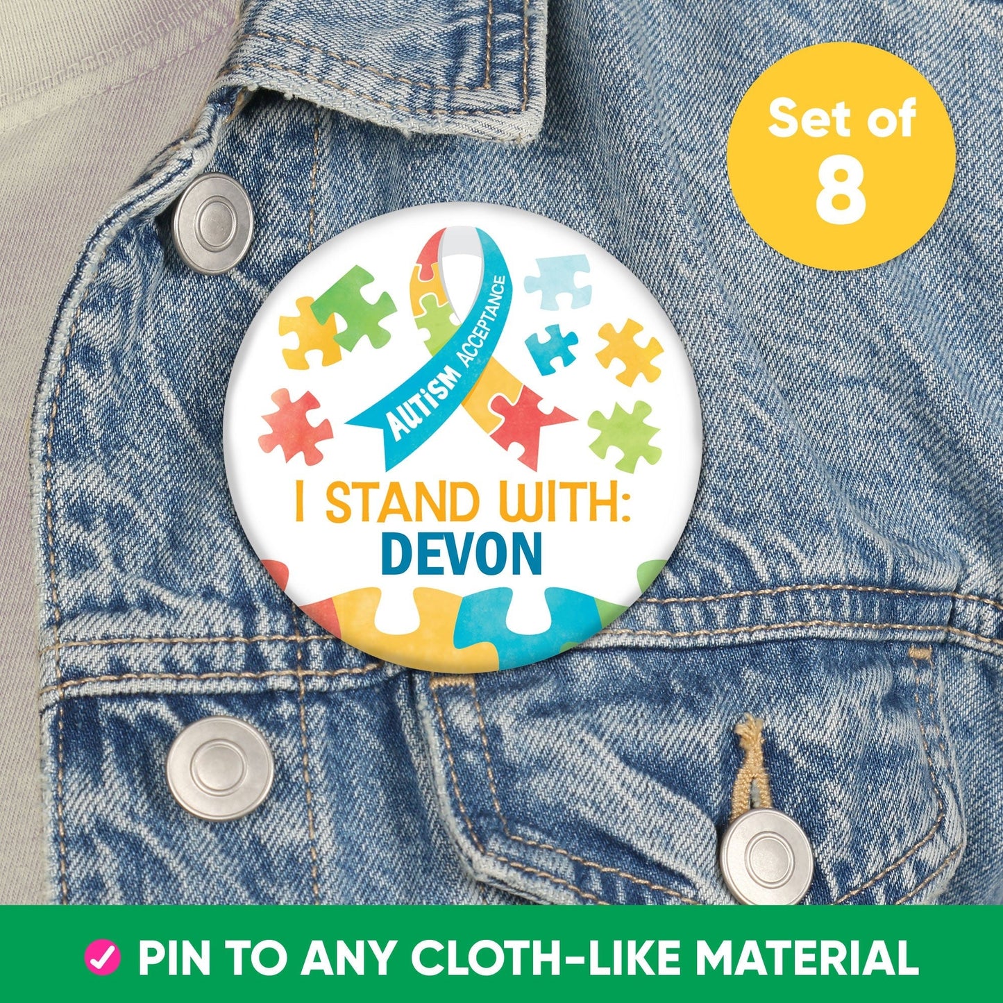 Custom Text Autism Acceptance Pinback Buttons - 8 Ct
