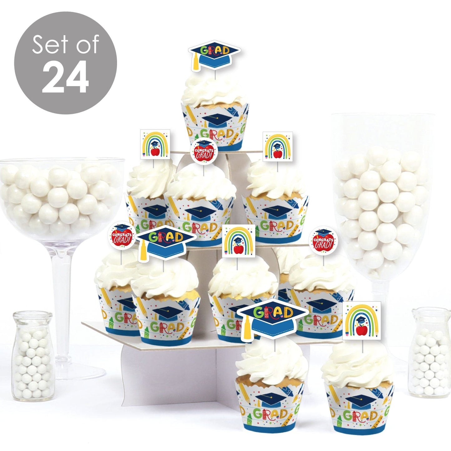 Kindergarten Grad - Cupcake Decoration - 4K Preschool Kids Graduation Party Cupcake Wrappers and Treat Picks Kit - Set of 24