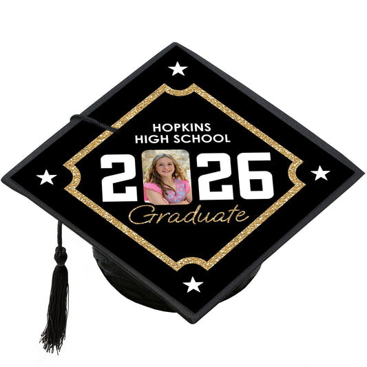 Custom Photo Black & Gold Grad Cap Cover