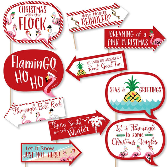 Funny Flamingle Bells - 10 Piece Tropical Flamingo Christmas Photo Booth Props Kit