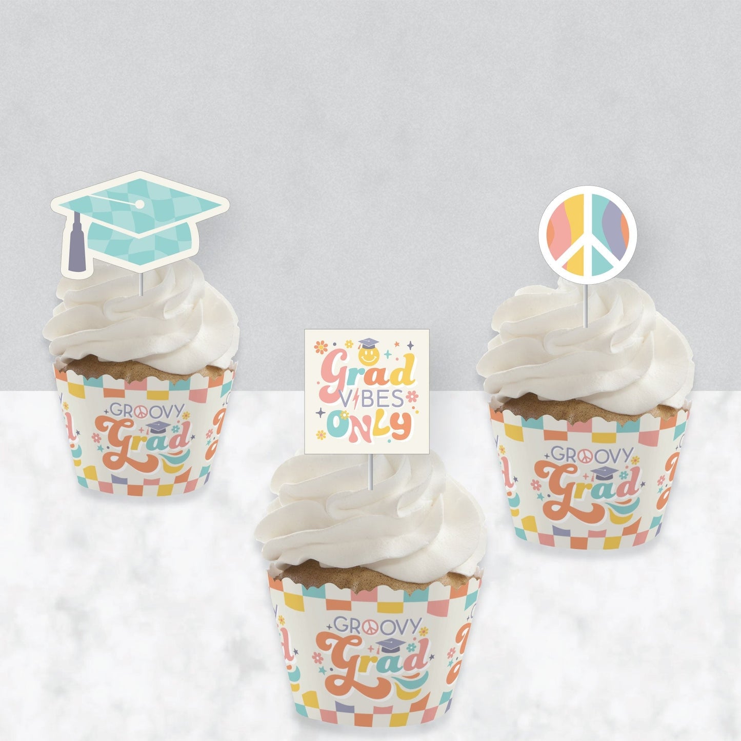 Groovy Grad - Cupcake Decoration - Hippie Graduation Party Cupcake Wrappers and Treat Picks Kit - Set of 24