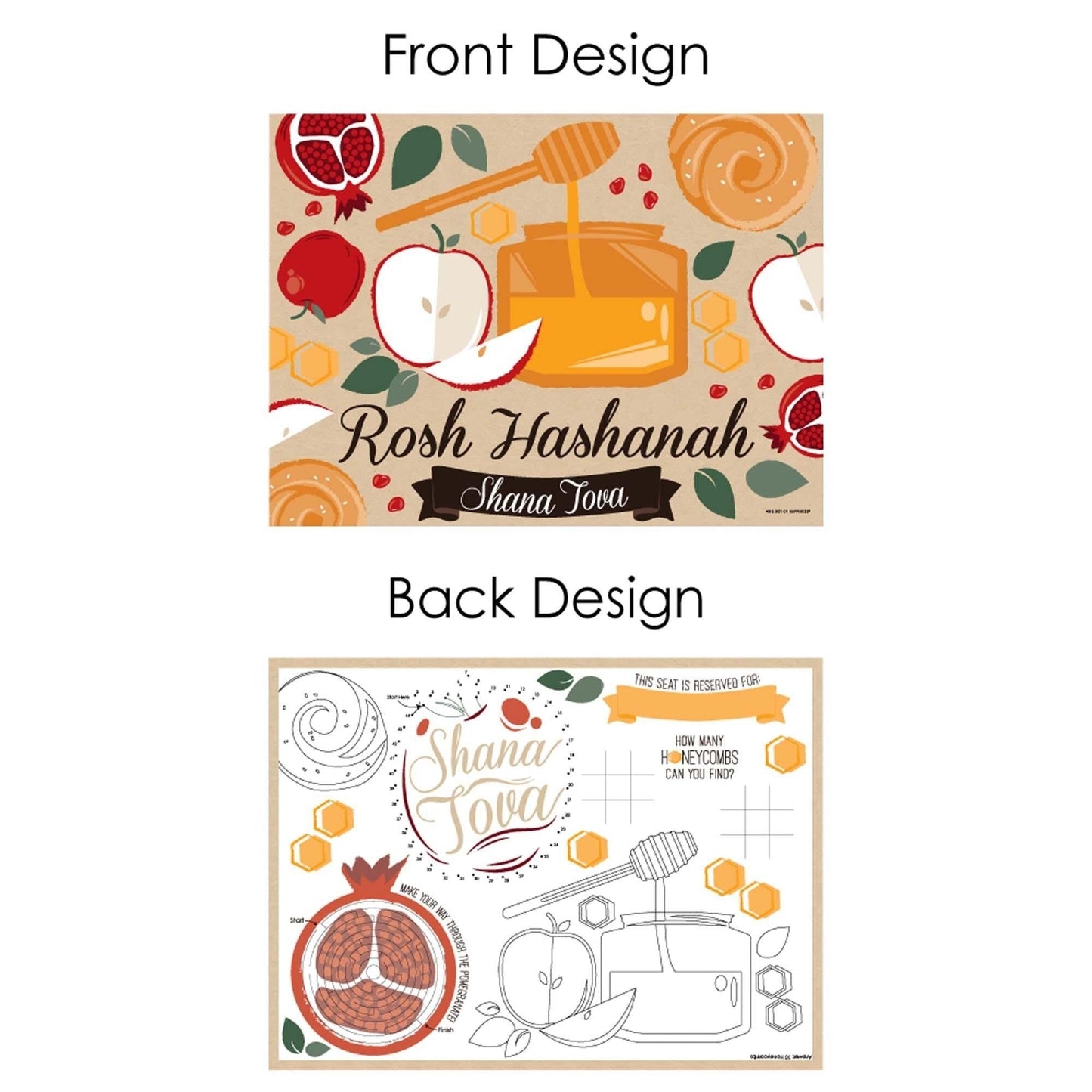 Rosh Hashanah - Paper Jewish New Year Coloring Sheets - Activity Placemats - Set of 16