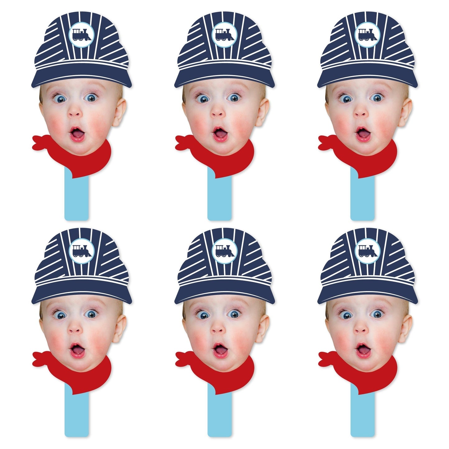 Custom Photo Railroad Party Crossing - Steam Train Birthday Party or Baby Shower Head Cut Out Photo Booth and Fan Props - Fun Face Cutout Paddles - Set of 6