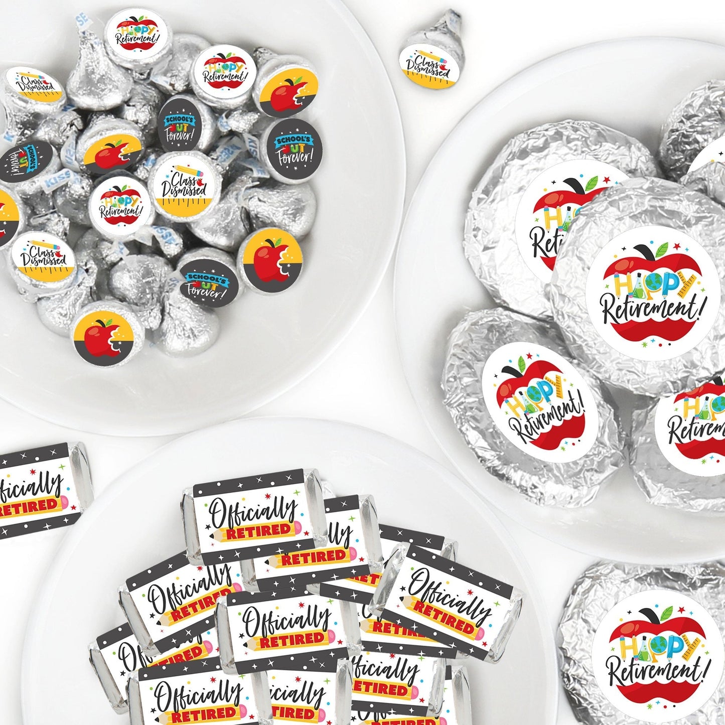 Teacher Retirement - Mini Candy Bar Wrappers, Round Candy Stickers and Circle Stickers - Happy Retirement Party Candy Favor Sticker Kit - 304 Pieces