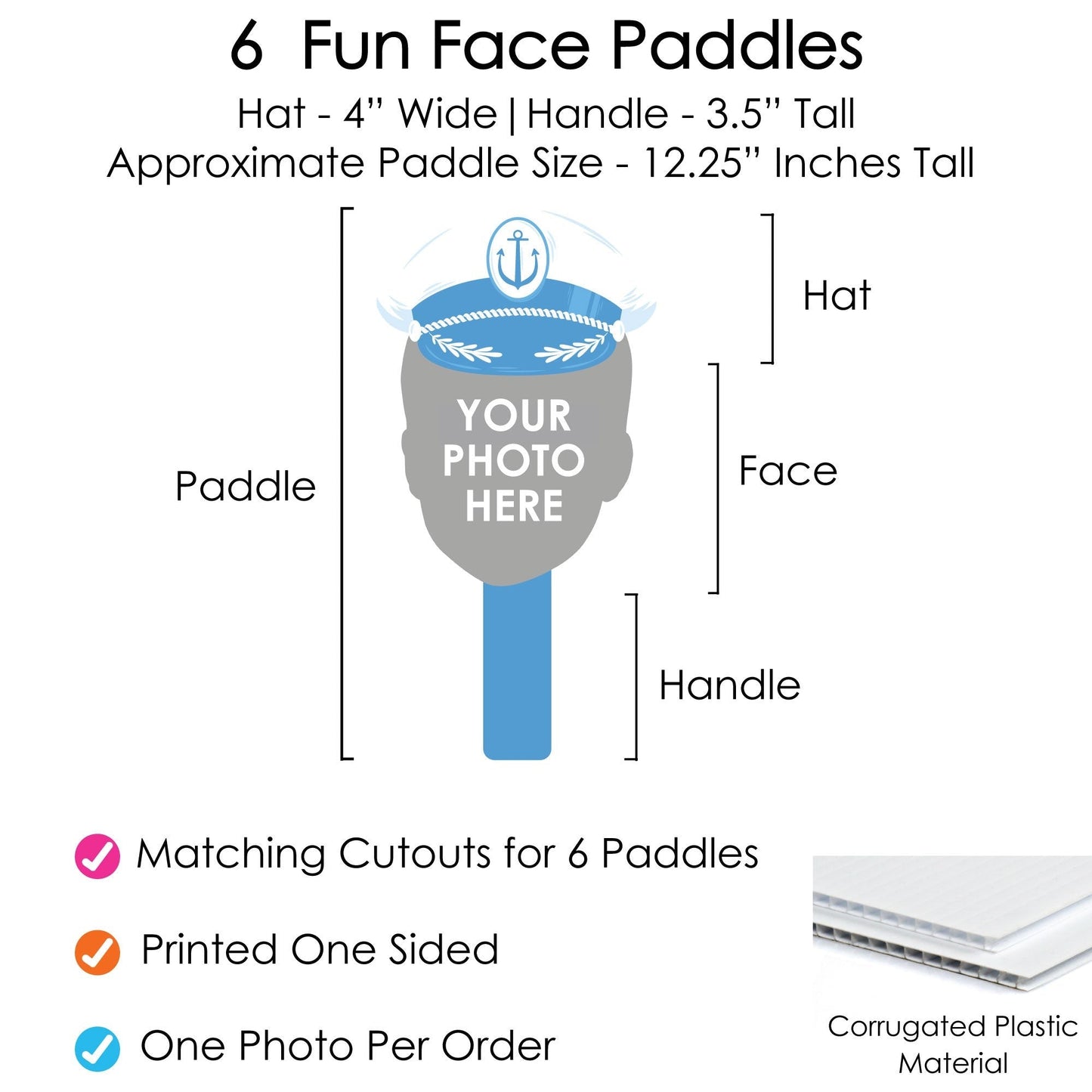 Custom Face Paddles - Nautical Captain Hat - 6 Pc