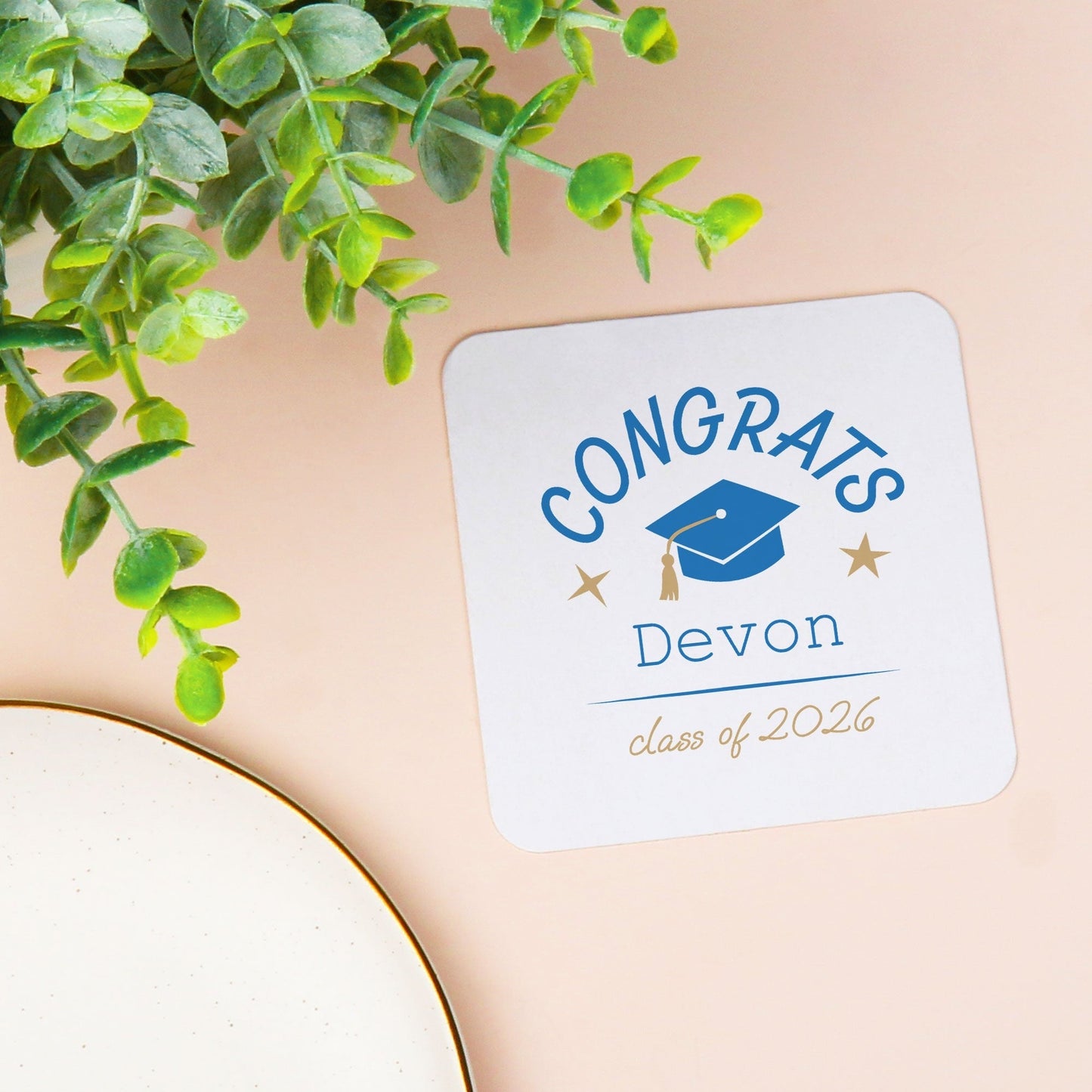 Custom Text Coasters - Blue Graduation - 100 Ct