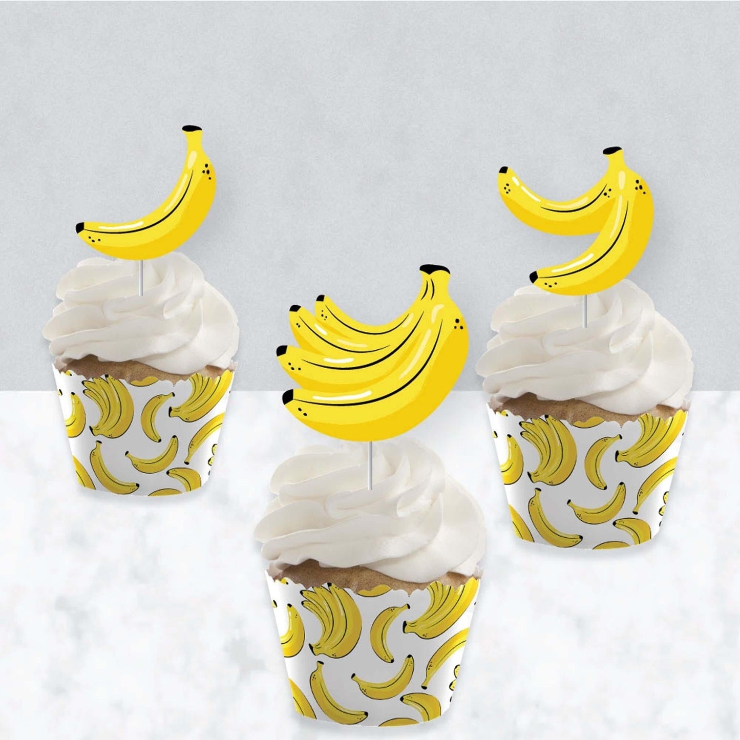 Let's Go Bananas - Cupcake Decoration - Tropical Party Cupcake Wrappers and Treat Picks Kit - Set of 24