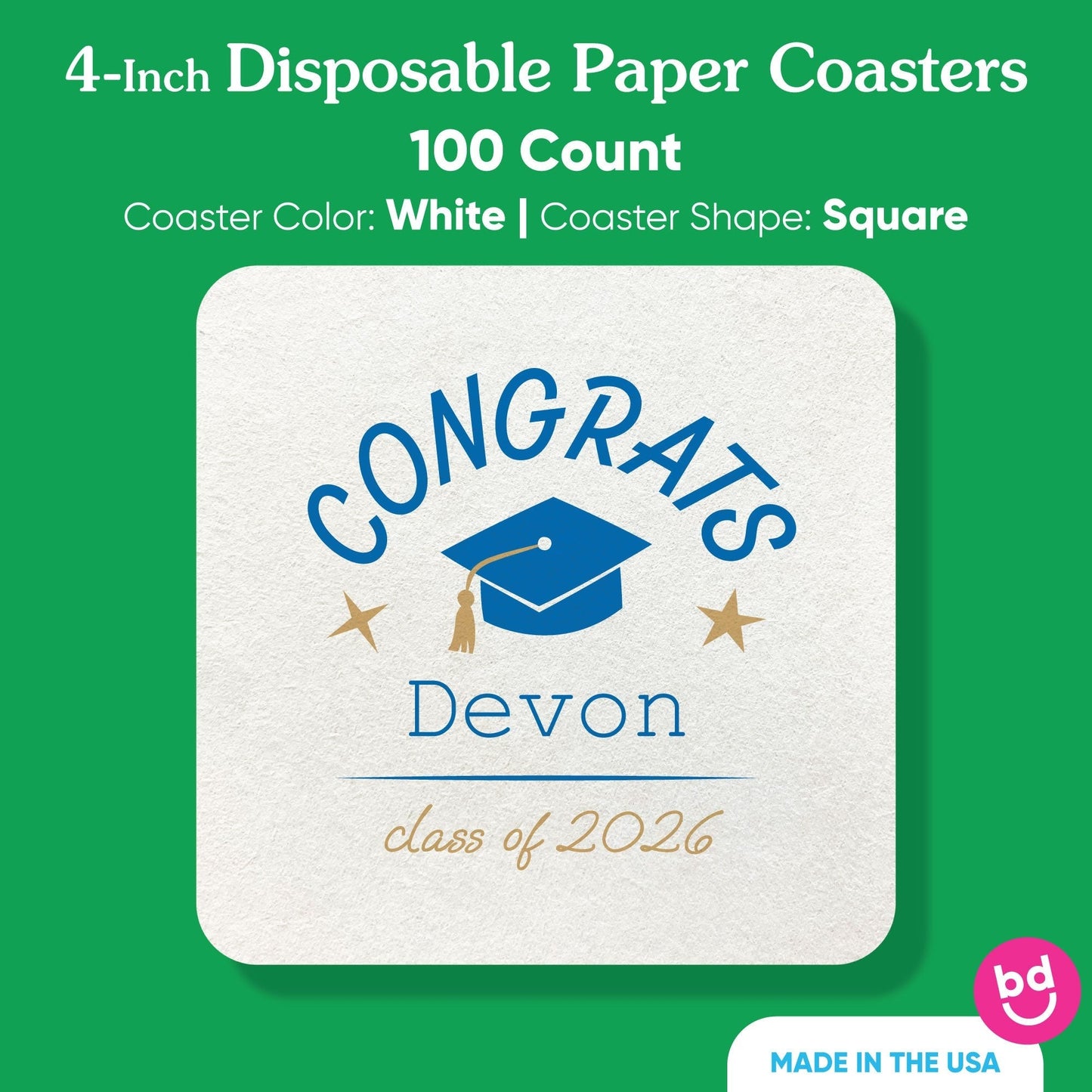 Custom Text Coasters - Blue Graduation - 100 Ct
