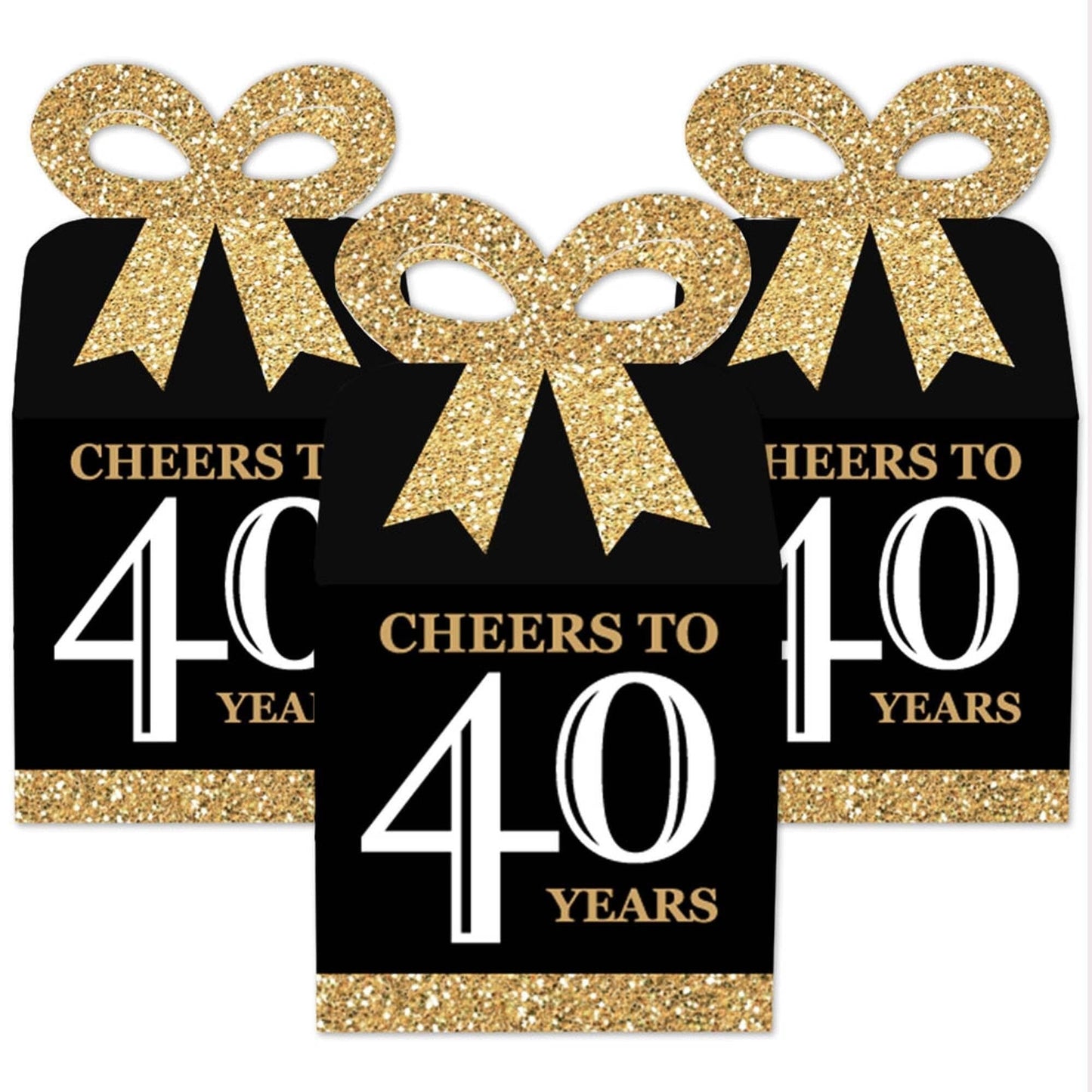 Adult 40th Birthday - Gold - Square Favor Gift Boxes - Birthday Party Bow Boxes - Set of 12