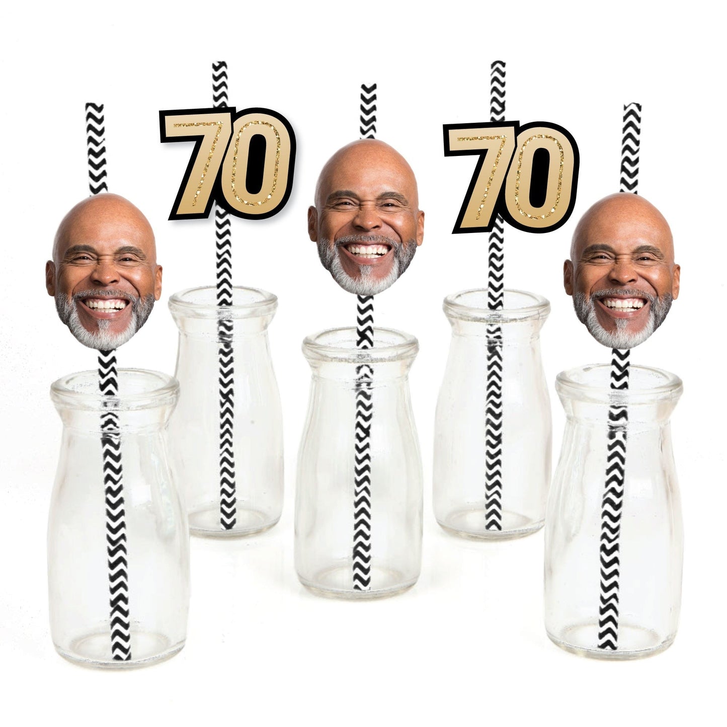 Custom 70th Birthday Face Cutout Straw Decor - 24 Ct