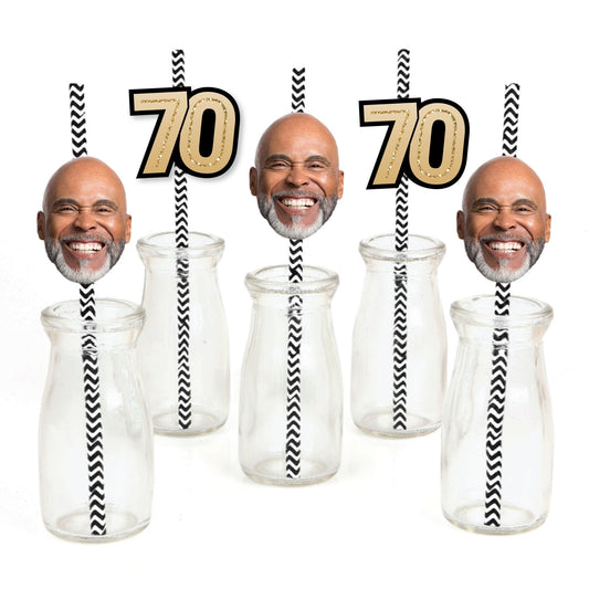 Custom 70th Birthday Face Cutout Straw Decor - 24 Ct