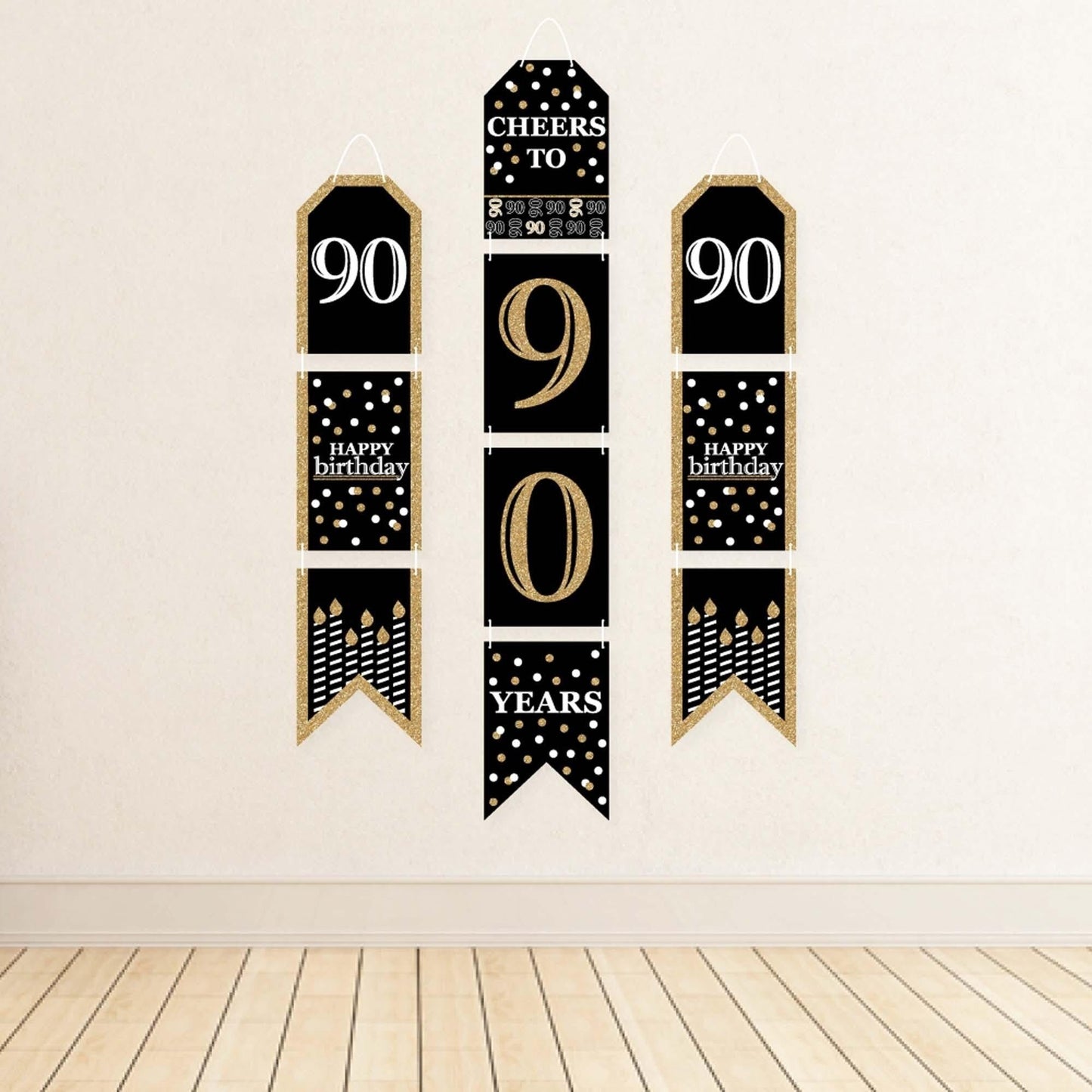 Adult 90th Birthday - Gold - Hanging Vertical Paper Door Banners - Birthday Party Wall Decoration Kit - Indoor Door Decor