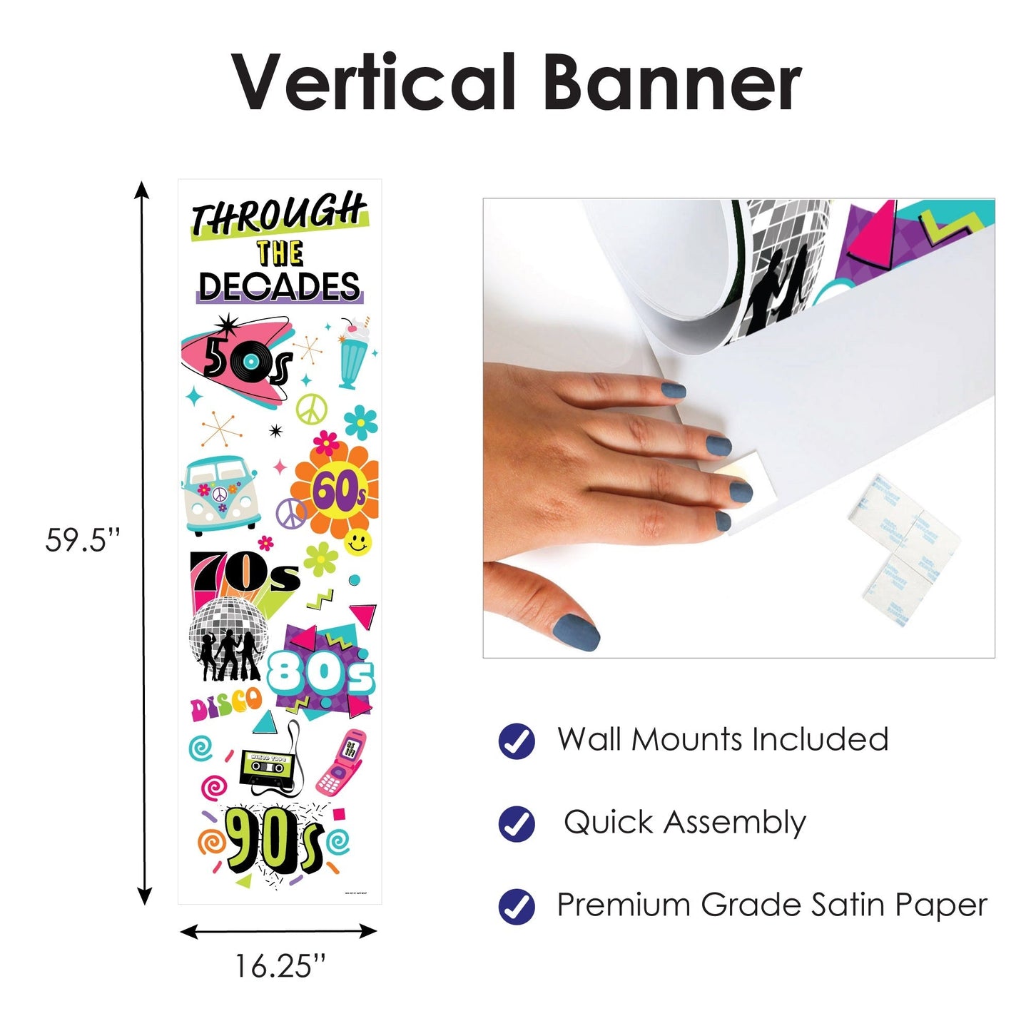 Through the Decades - 50s, 60s, 70s, 80s, and 90s Party Front Door Decoration - Vertical Banner