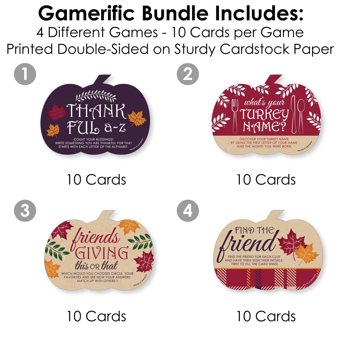 Friends Thanksgiving Feast - 4 Friendsgiving Party Games - 10 Cards Each - Gamerific Bundle