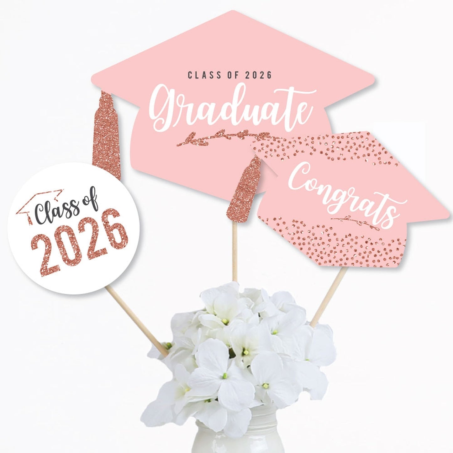 Rose Gold Grad - 2026 Graduation Party Centerpiece Sticks - Table Toppers - Set of 15