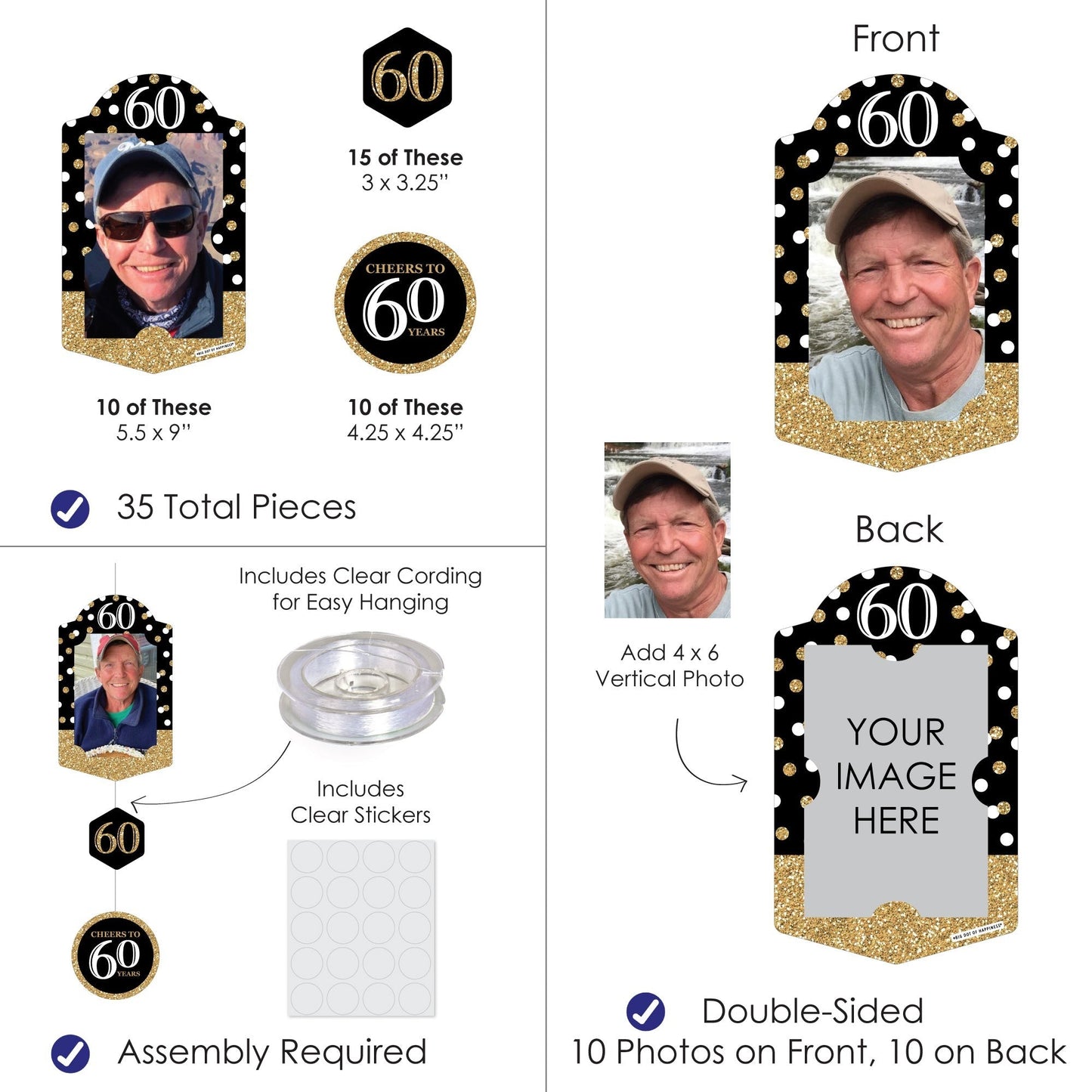 Adult 60th Birthday - Gold - Birthday Party DIY Backdrop Decor - Hanging Vertical Photo Garland - 35 Pieces