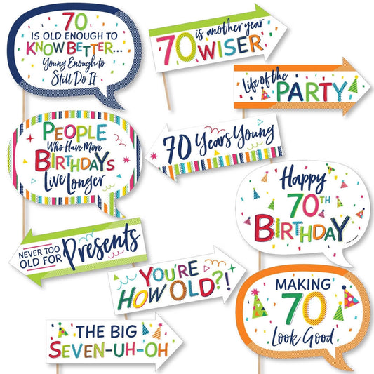 Funny 70th Birthday - Cheerful Happy Birthday - 10 Piece Colorful Seventieth Birthday Party Photo Booth Props Kit