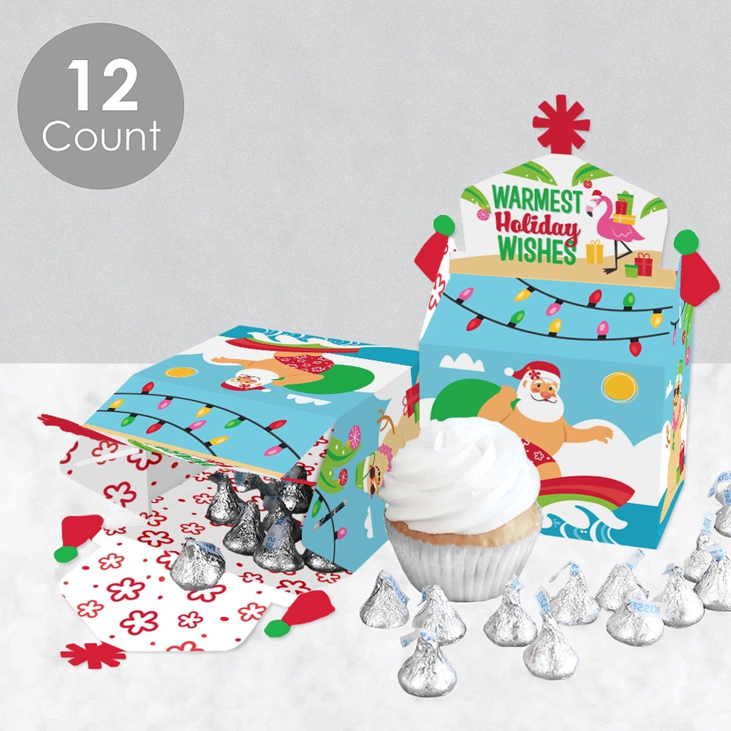 Tropical Christmas - Treat Box Party Favors - Beach Santa Holiday Party Goodie Gable Boxes - Set of 12