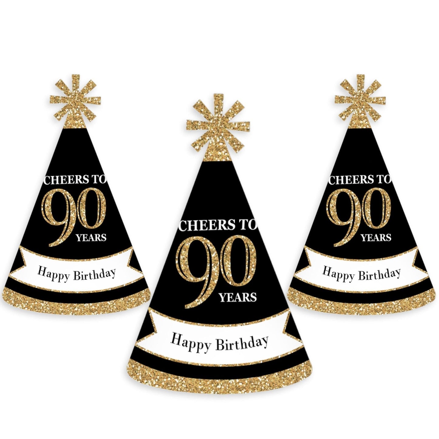 Adult 90th Birthday - Gold - Cone Birthday Party Hats for Adults - Set of 8 (Standard Size)