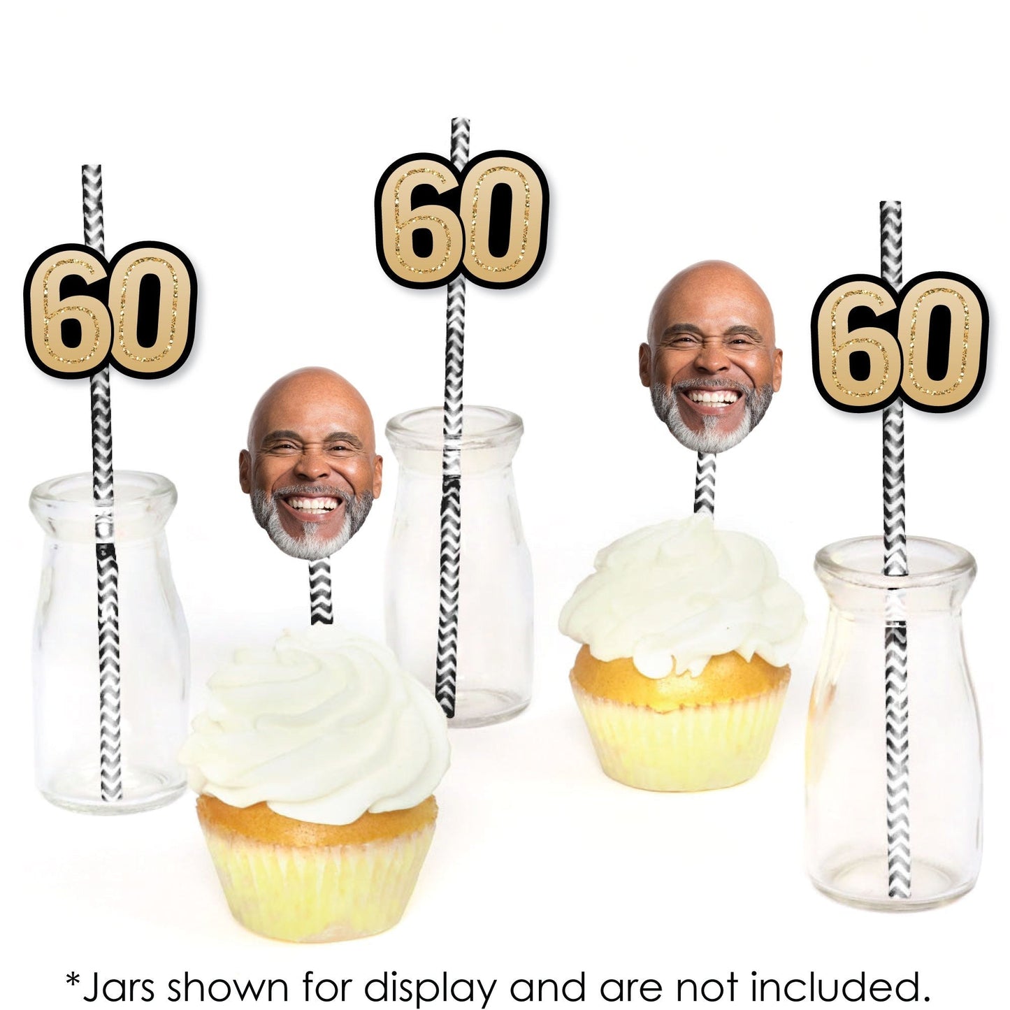 Custom 60th Birthday Face Cutout Straw Decor - 24 Ct