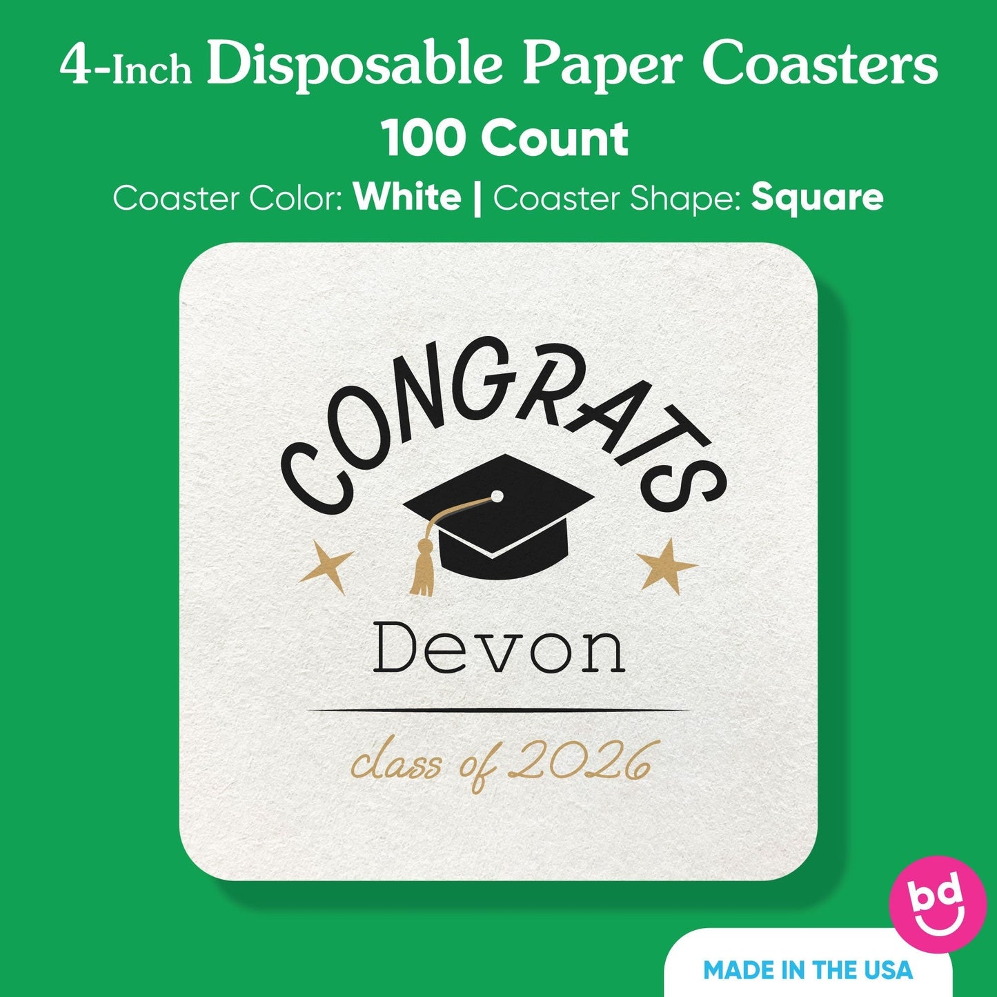 Custom Text Coasters - Black and Gold Graduation - 100 Ct