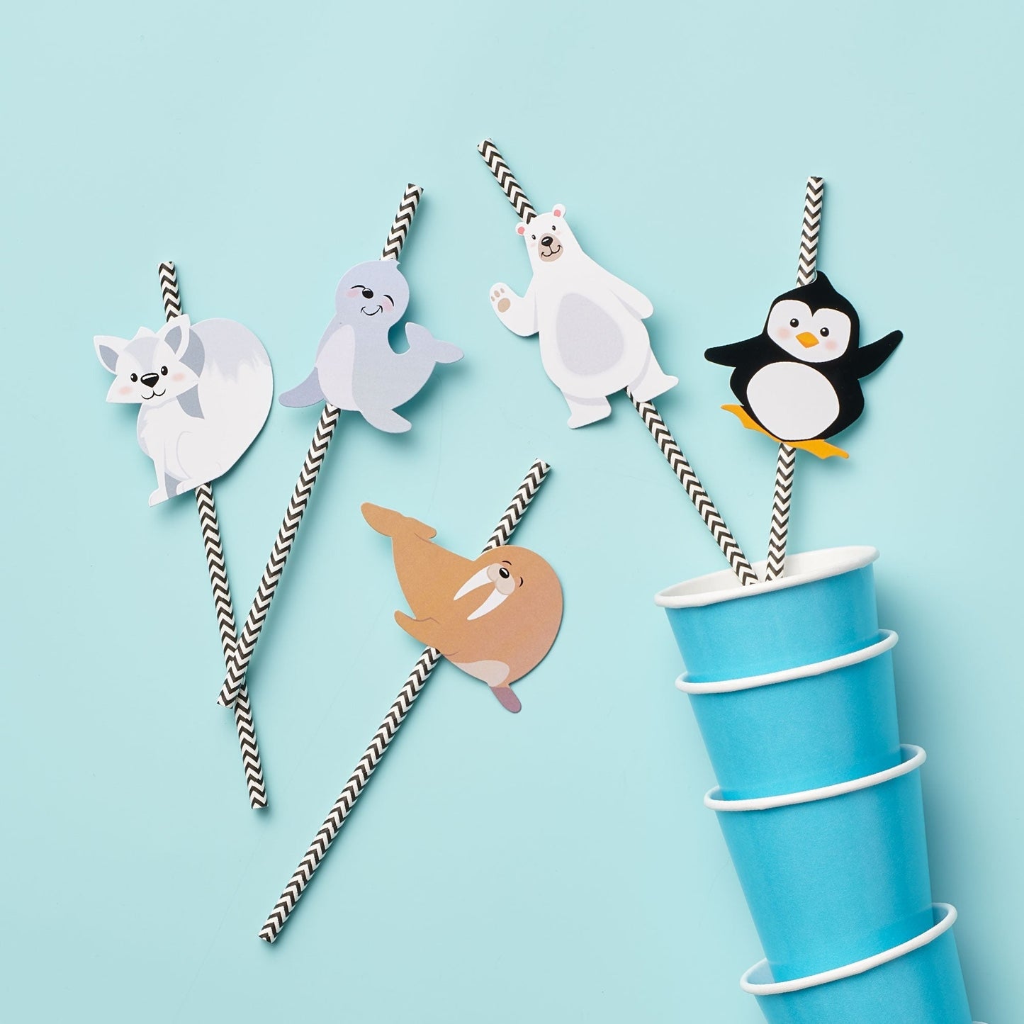 Arctic Polar Animals - Paper Straw Decor - Winter Baby Shower or Birthday Party Striped Decorative Straws - Set of 24