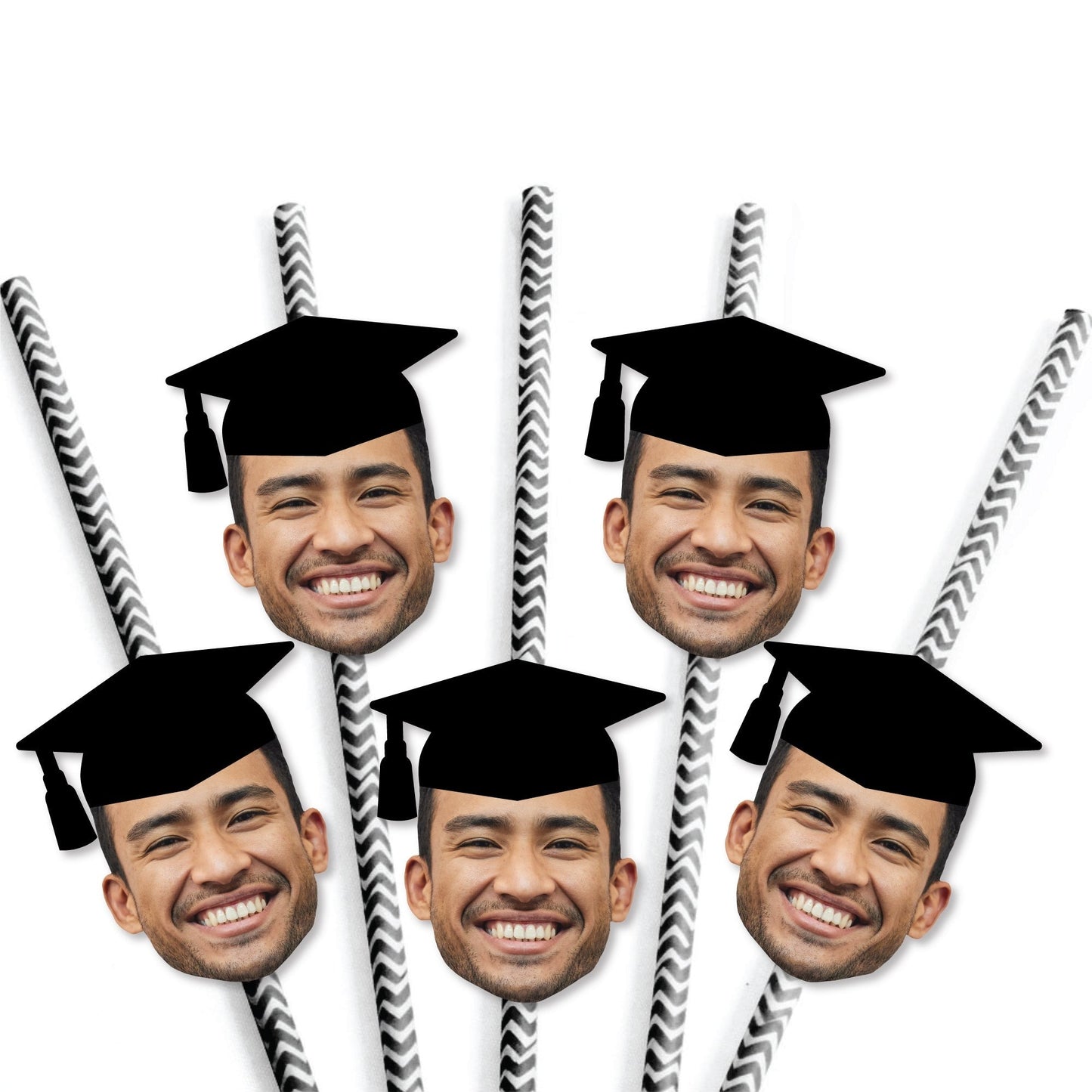 Grad Cap Fun Face Cutout Paper Straw Decor - Custom Graduation Photo Head Cut Out Striped Decorative Straws - Upload 1 Photo - Set of 24