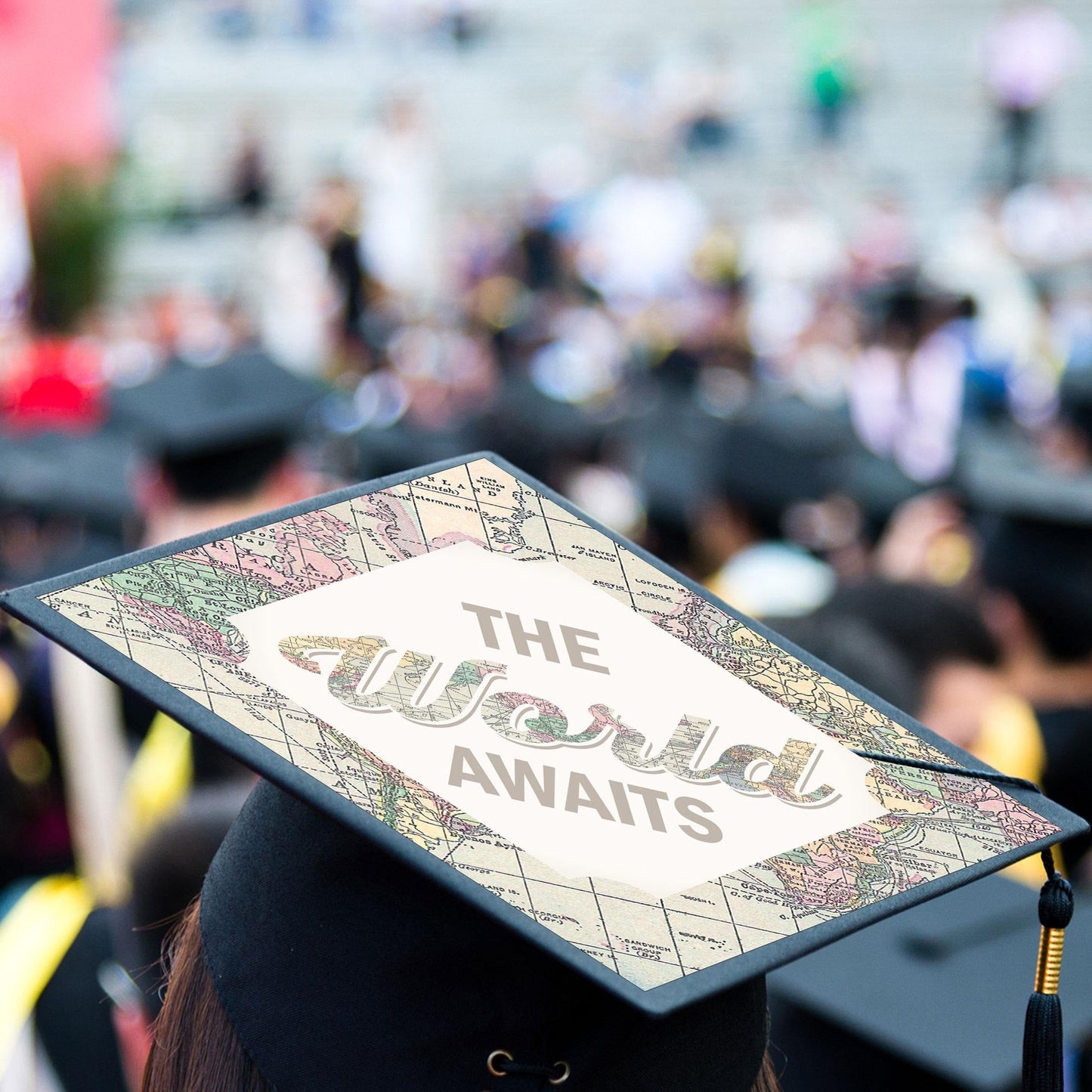 World Awaits - Travel Themed Graduation Cap Decorations Kit - Grad Cap Cover