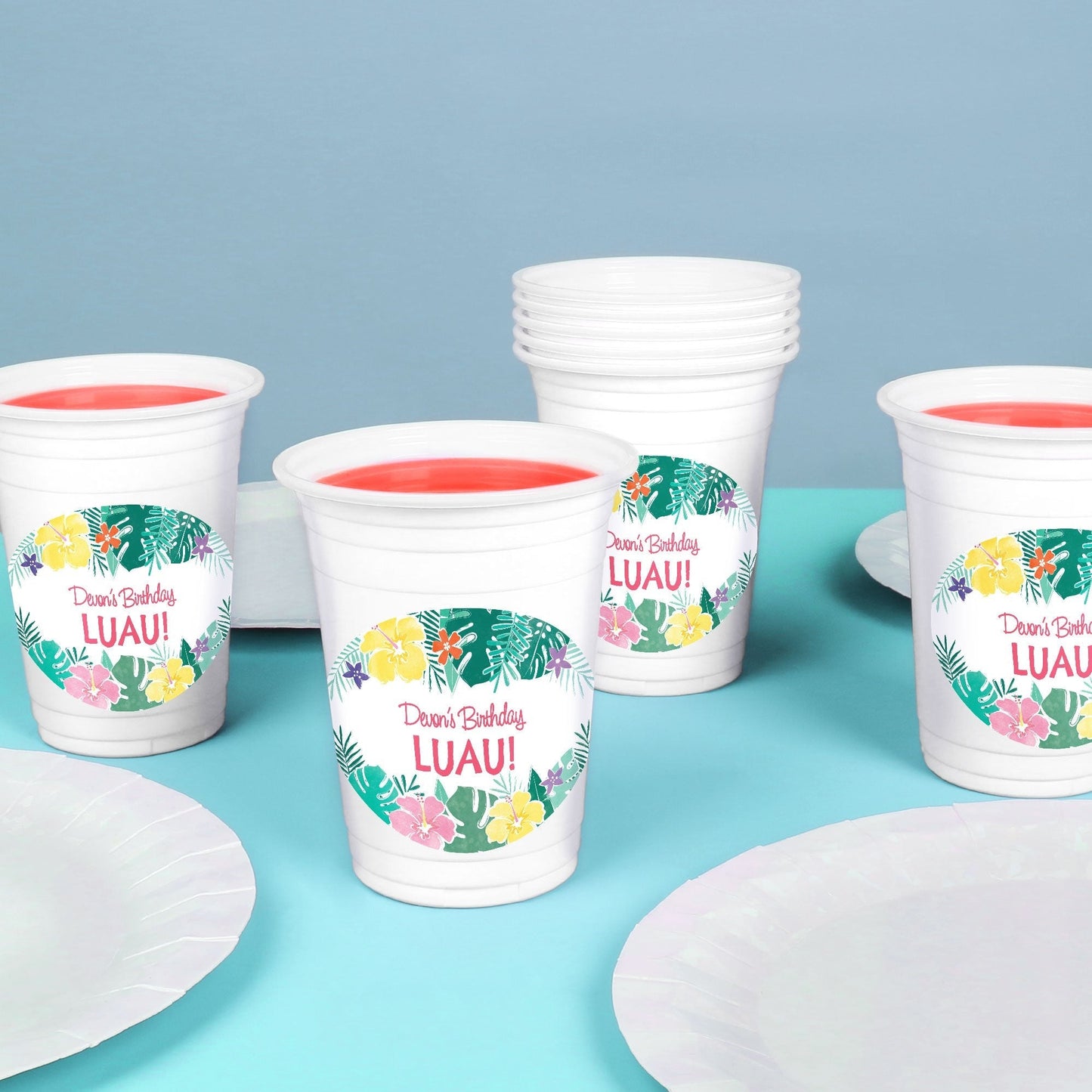Custom Text Party Cups - Hawaiian Luau - 16 Ct