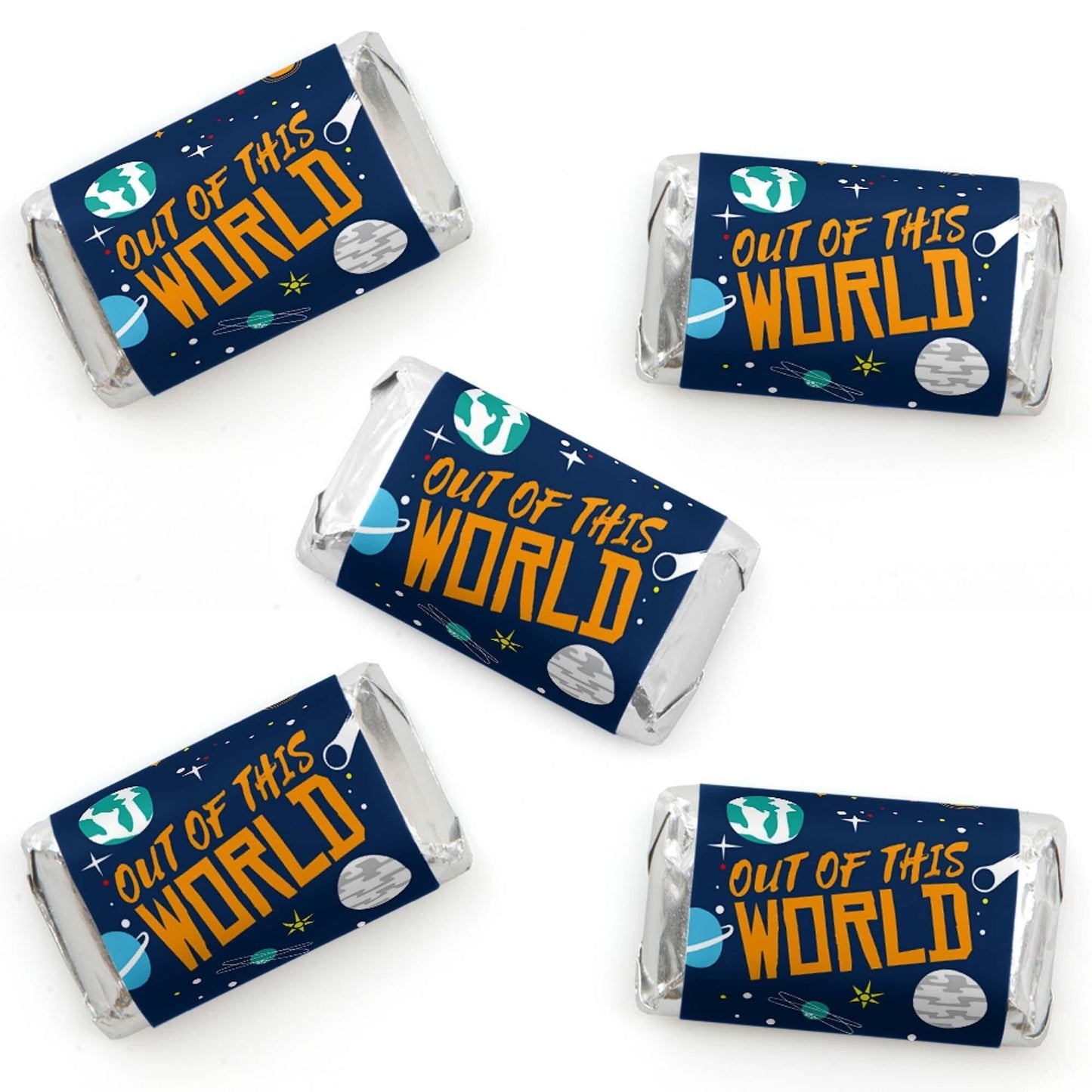 Blast Off to Outer Space - Mini Candy Bar Wrappers Stickers - Rocket Ship Baby Shower or Birthday Party Small Favors - 40 Count